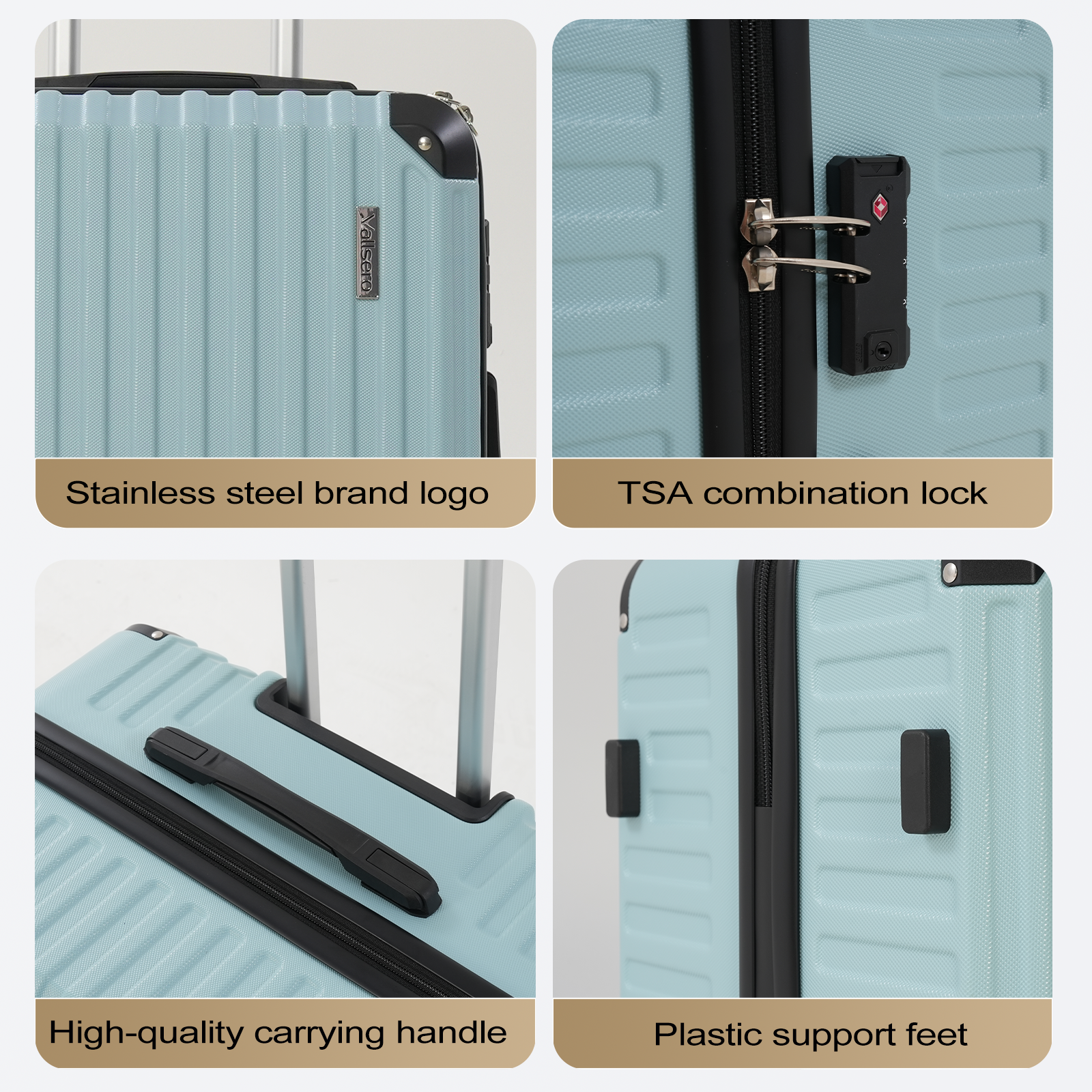 Close-up of a light blue suitcase showing a brand logo, TSA lock, carrying handle, and support feet.