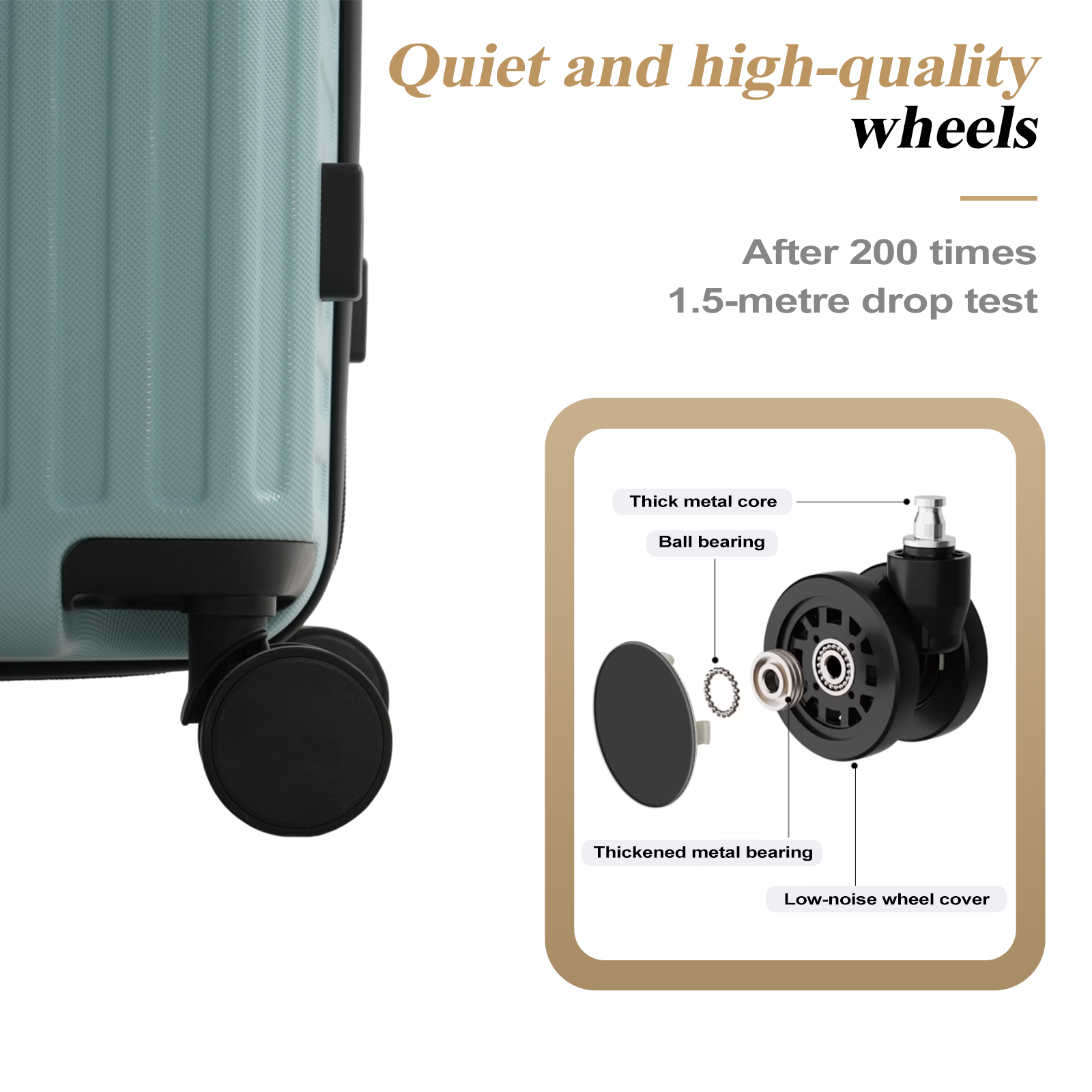 A teal suitcase with a detailed wheel diagram, highlighting metal core, ball bearing, and low-noise cover.