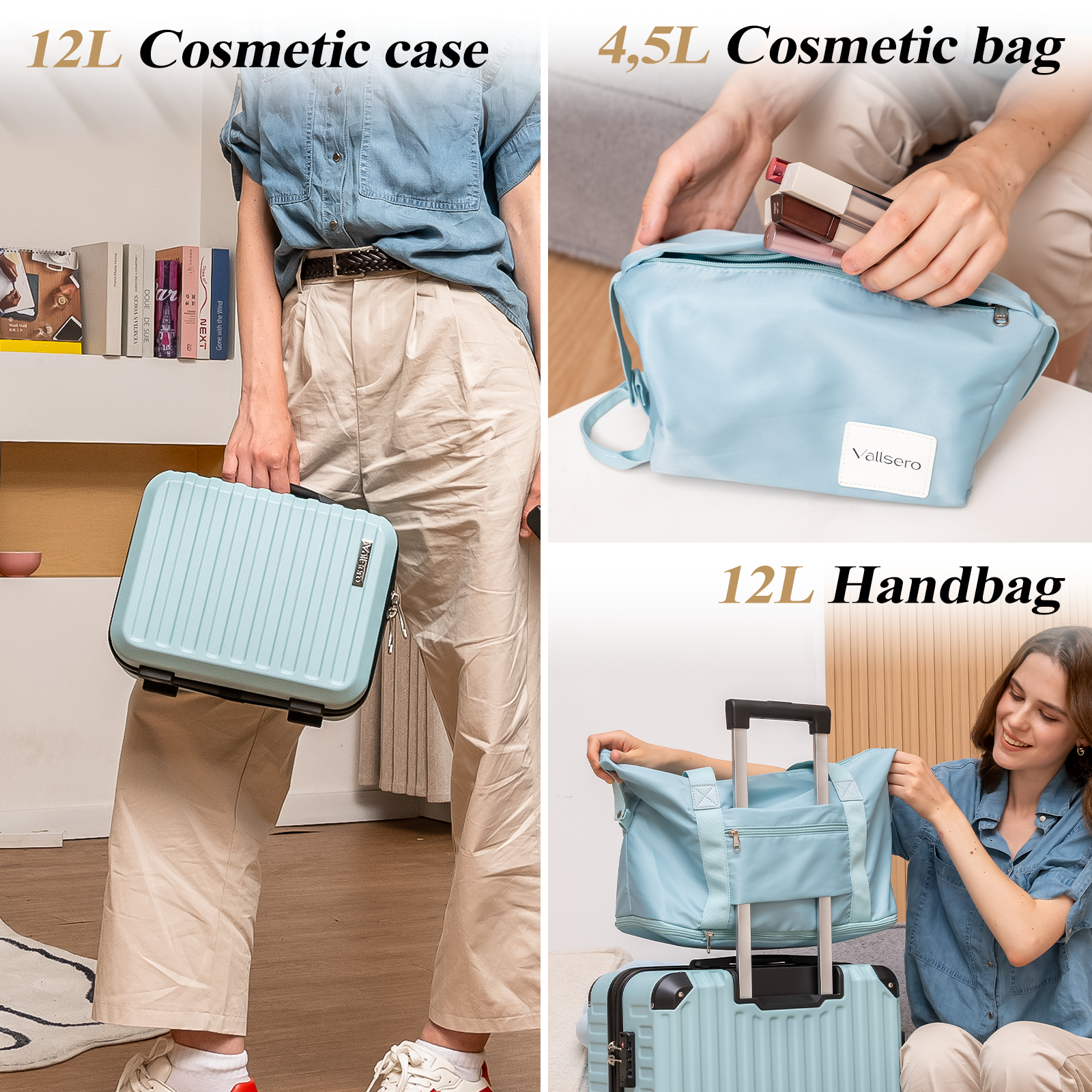 Image shows three cosmetic bags of different sizes and a woman holding a case. The bags are light blue.