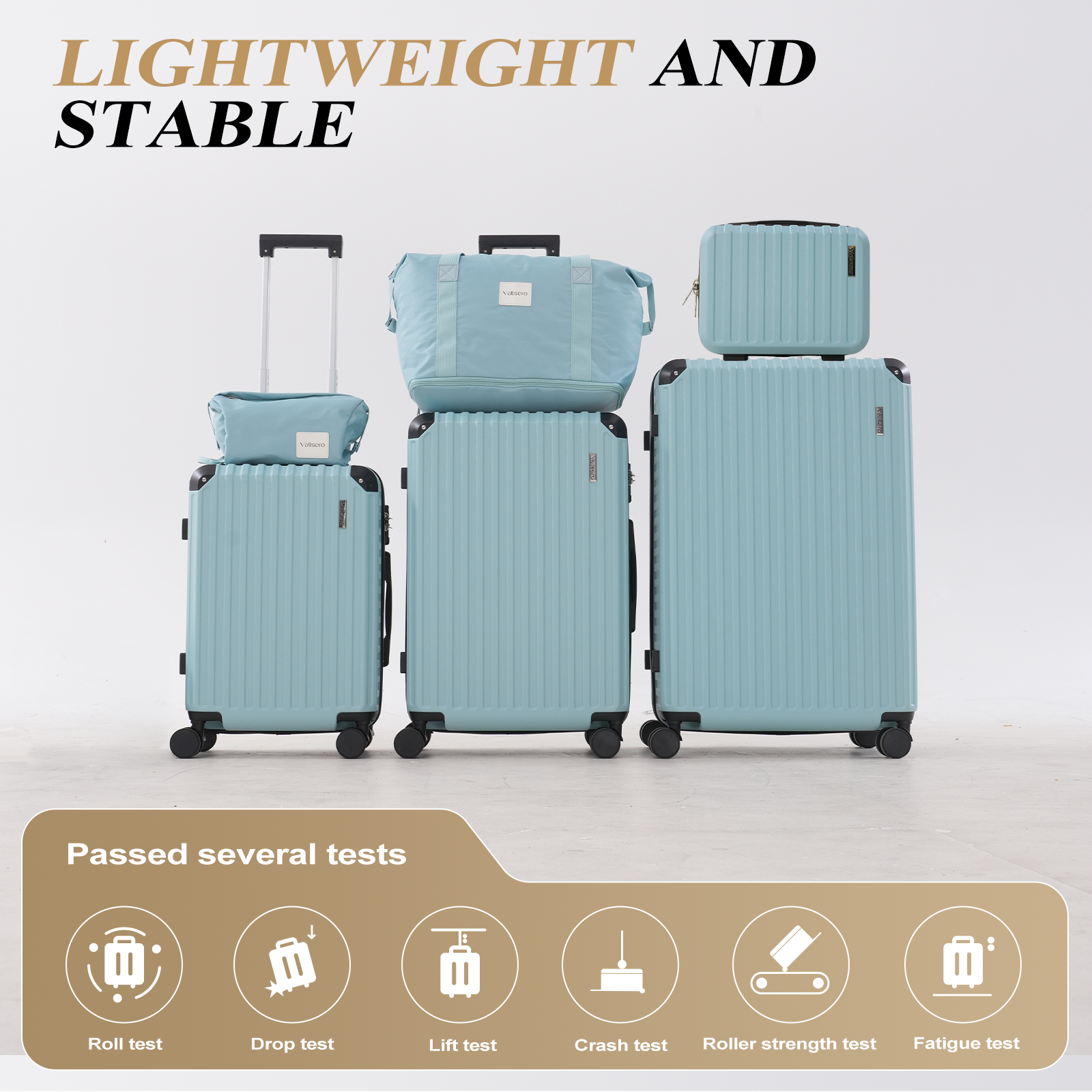 A group of light blue luggage sets. The image shows a variety of luggage pieces, including suitcases and bags, arranged together.