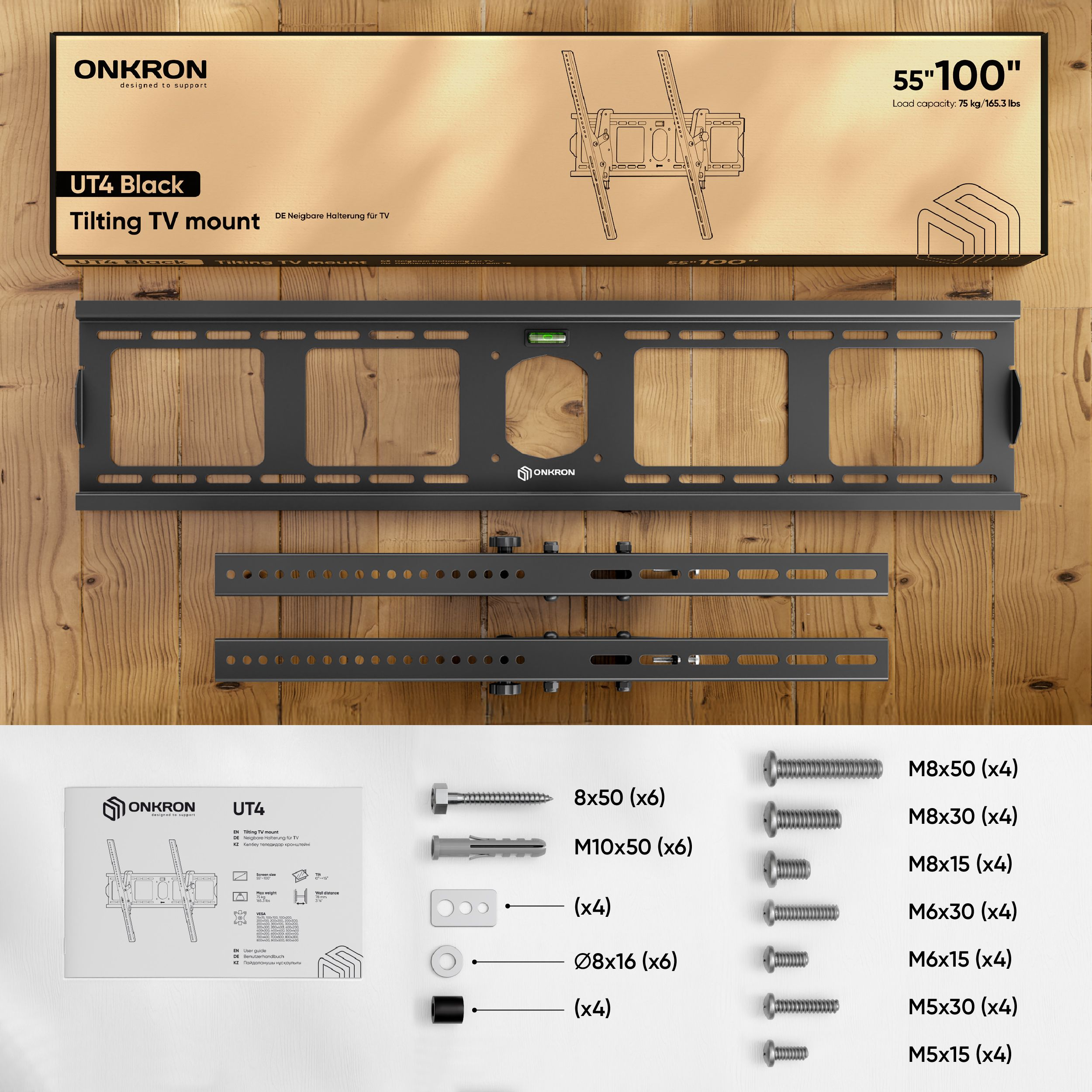 Czarny zestaw do montażu telewizora z różnymi śrubami i osprzętem montażowym oraz pudełko ze szczegółami produktu.