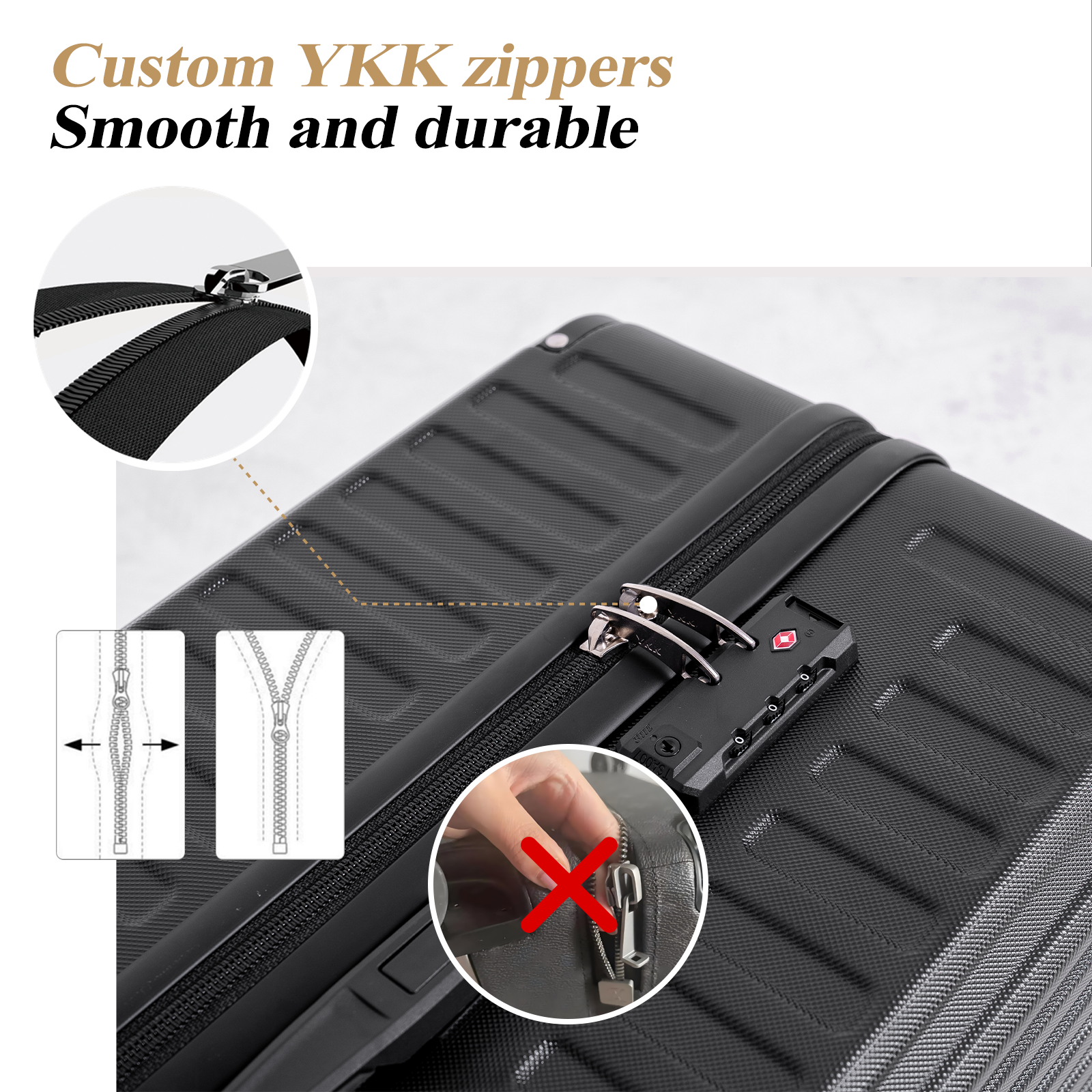 Black suitcase with YKK zippers. Diagrams show zipper function. Text highlights smooth and durable zippers. A red cross indicates incorrect use.