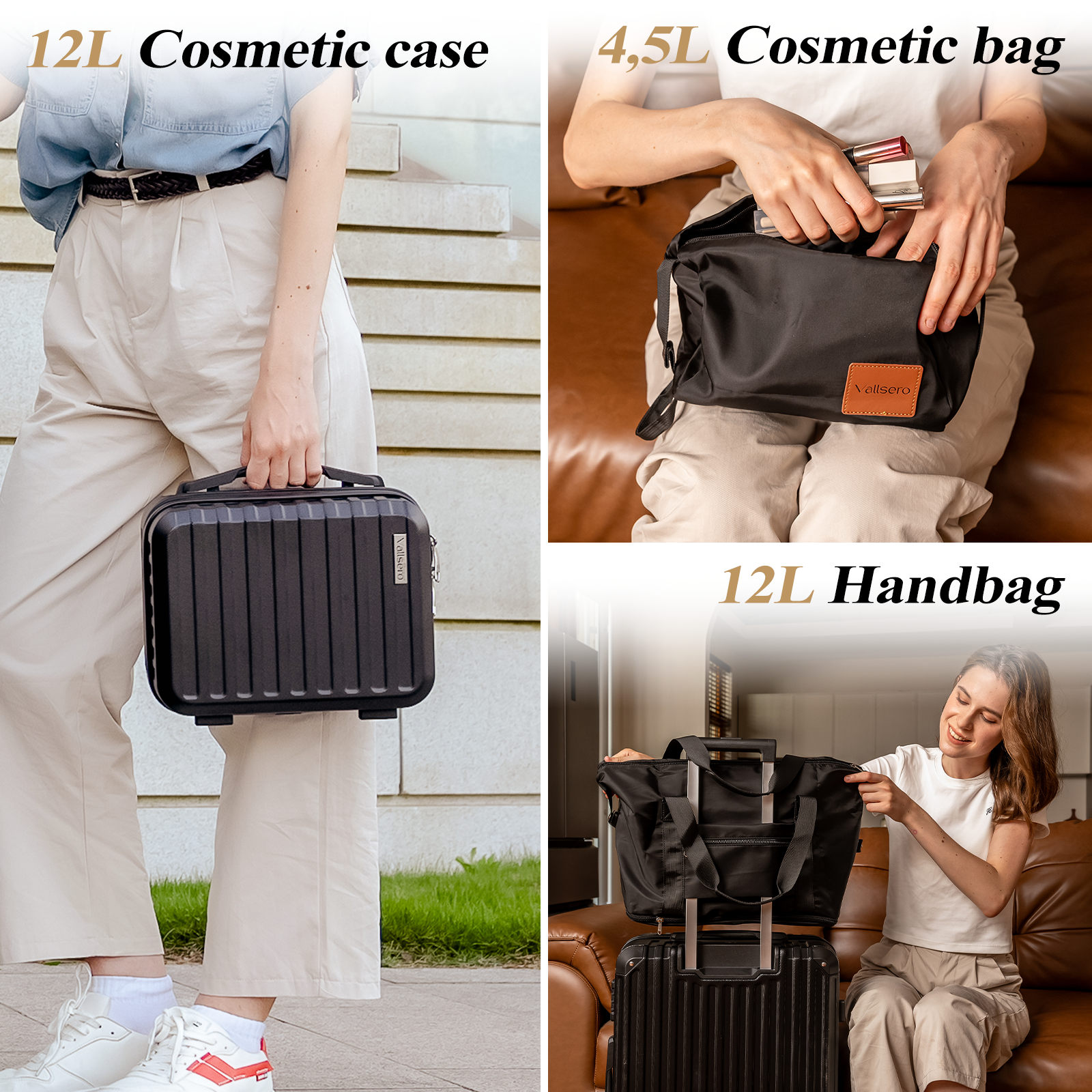 Image shows a black cosmetic case, a black cosmetic bag, and a black handbag. People are holding or interacting with each item.