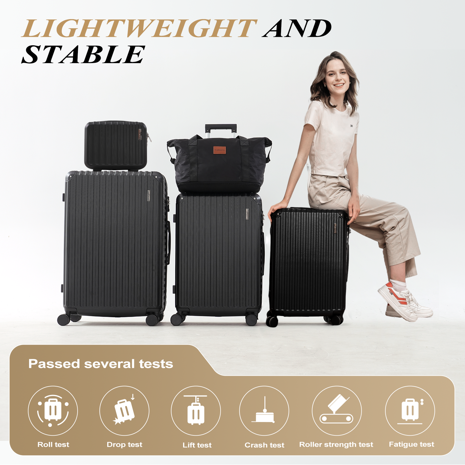 A woman sits on a black suitcase, next to two other suitcases and a black bag. Text says lightweight and stable.