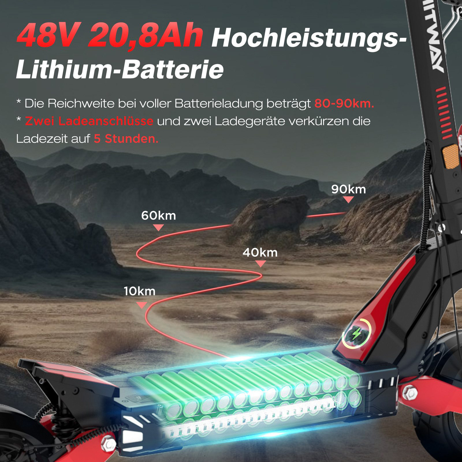 Elektroroller mit Batteriedisplay, Berggrund und Text über Reichweite und Ladezeit der Batterie.