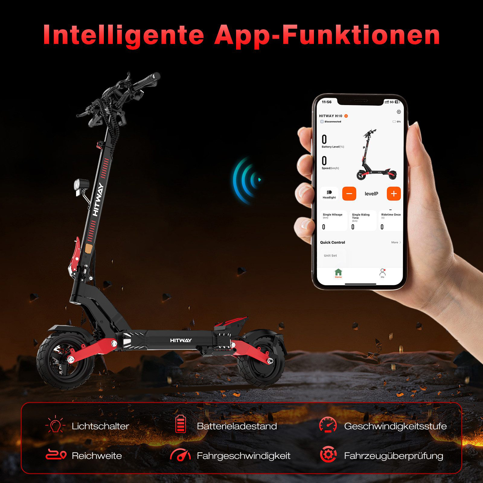 Elektroroller mit Smartphone, das seine Statistiken anzeigt. Der Roller ist schwarz und rot. App zeigt Akkustand, Geschwindigkeit und andere Daten.