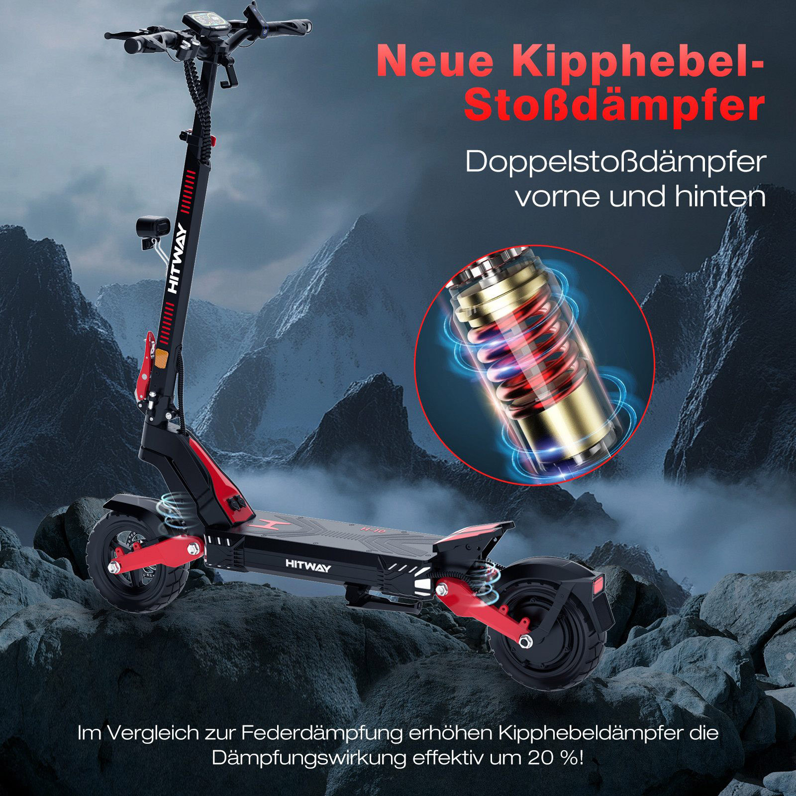 Ein Elektroroller mit roten und schwarzen Akzenten, Nahaufnahme des Stoßdämpfers, Text zu Funktionen.