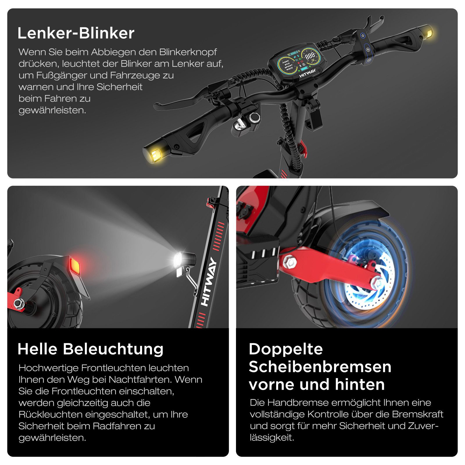Ein E-Scooter mit leuchtenden Blinkern und Scheinwerfern. Details umfassen ein Display, eine rote Bremse und Textbeschreibungen.