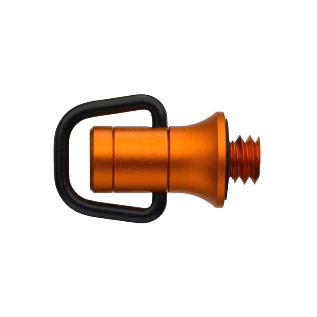 Pomarańczowa metalowa obrotnica z czarnym uchwytem i gwintowanym końcem. Tło jest jednolicie białe.