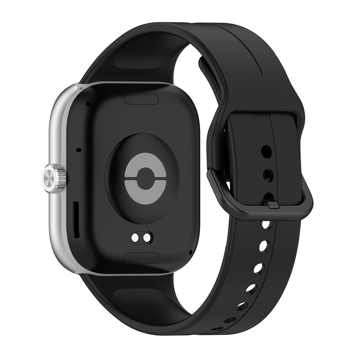 Pokazano srebrny smartwatch z czarnym paskiem. Tarcza zegarka jest czarna, ze srebrną tarczą. Pasek jest zapięty.