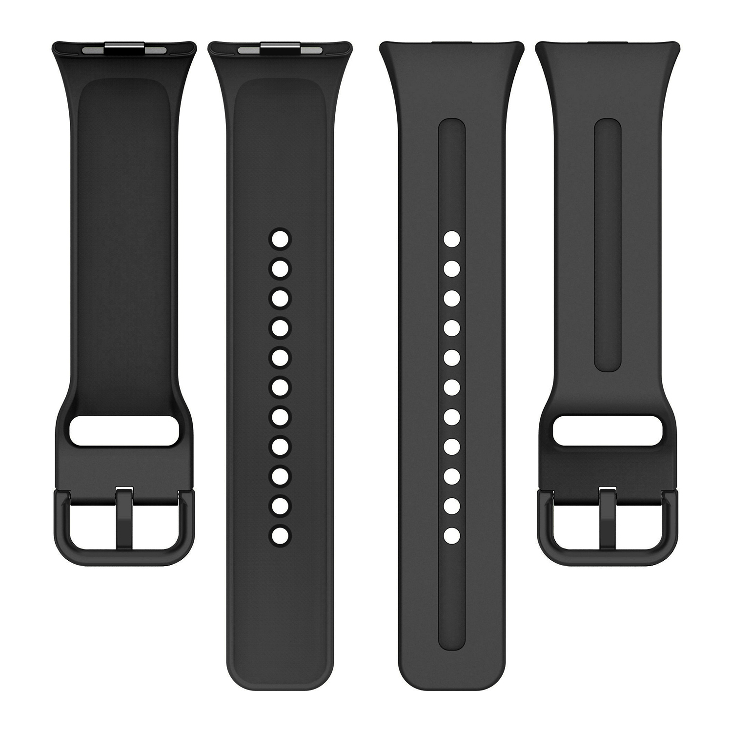 Cztery czarne paski do zegarków. Dwa mają otwory do regulacji, jeden klamrę. Pozostałe dwa mają mechanizm blokujący.