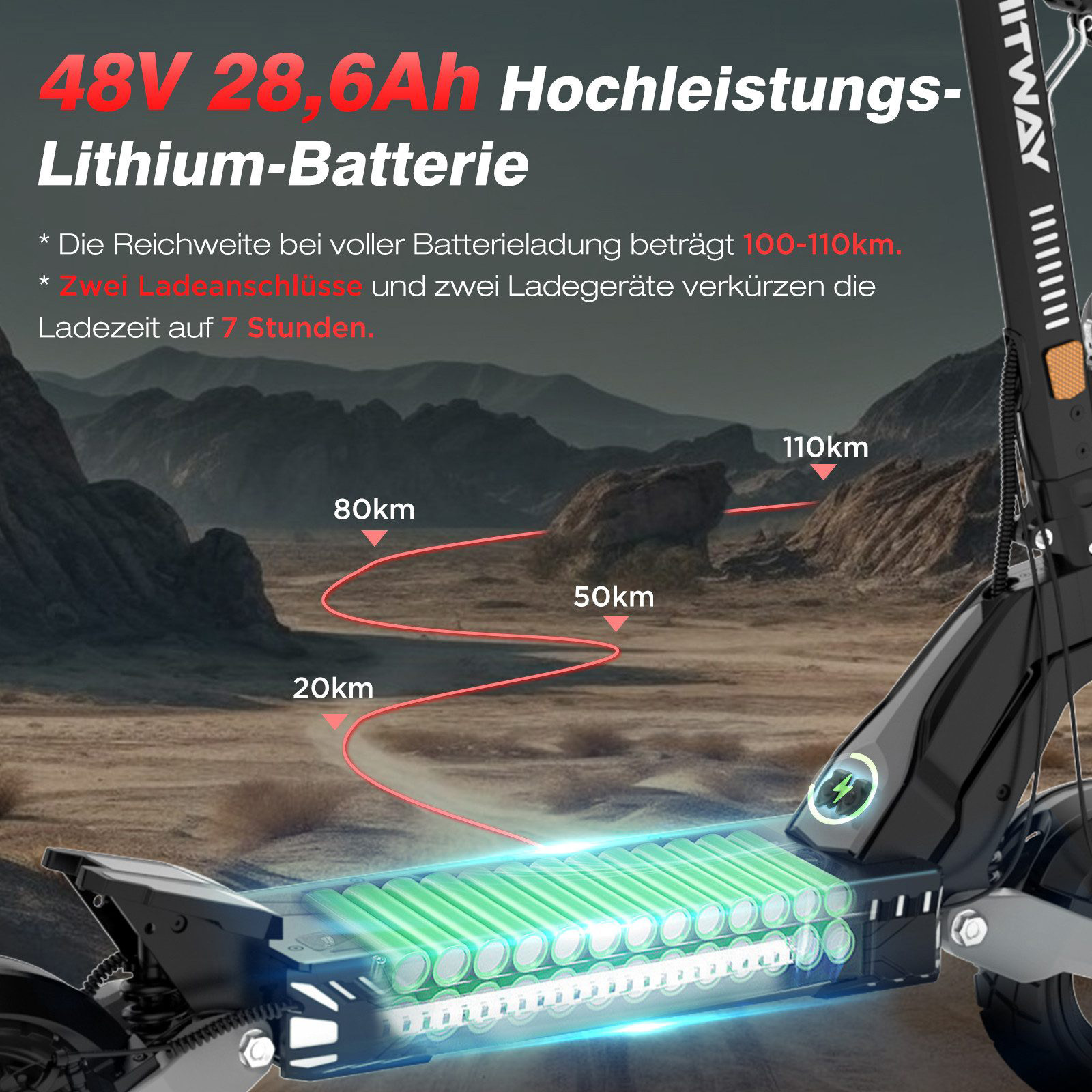 Ein Elektroroller mit Batterieanzeige. Oben steht 48V 28,6Ah Lithium-Batterie. Entfernungsmarkierungen sind gezeigt.