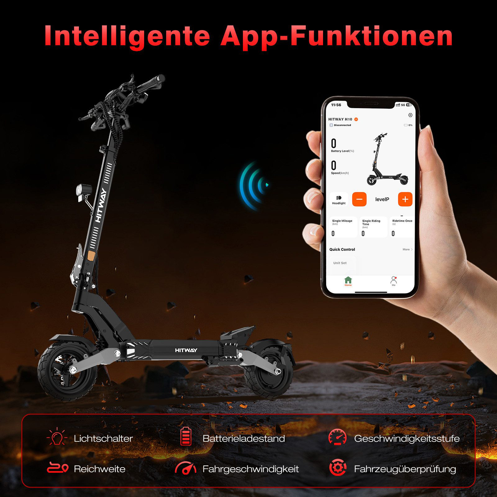 Ein E-Scooter mit einem Telefon, das seine Statistiken anzeigt. Das Telefon wird von einer Hand gehalten. Oben steht 'Intelligente App-Funktionen'.