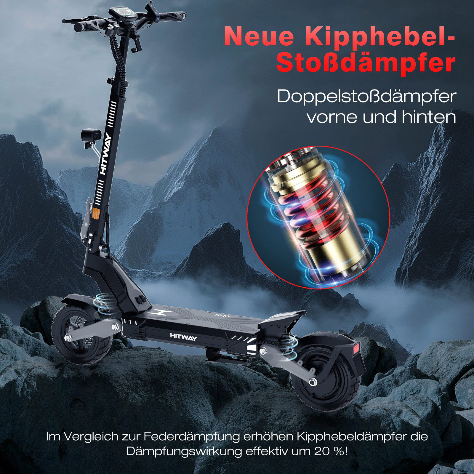 Ein Elektroroller mit Federungssystem wird gezeigt. Text hebt neue Stoßdämpfer und Effizienz hervor.