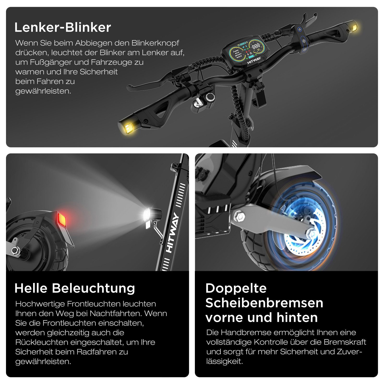 Schwarzer Elektroroller mit leuchtenden Lichtern, inkl. Frontlicht, Blinkern und Rücklicht. Verfügt über Doppelscheibenbremsen.