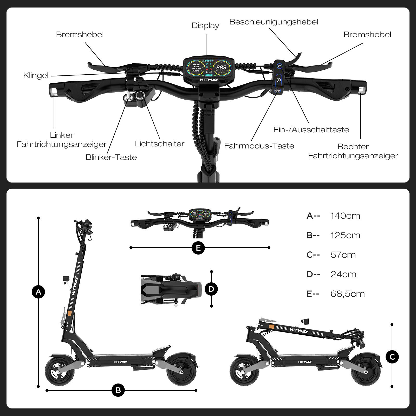 Ein E-Scooter, beschriftet mit Teilen wie 'Bremsehebel' und 'Fahrtrichtungsanzeiger'. Abmessungen sind ebenfalls angezeigt.