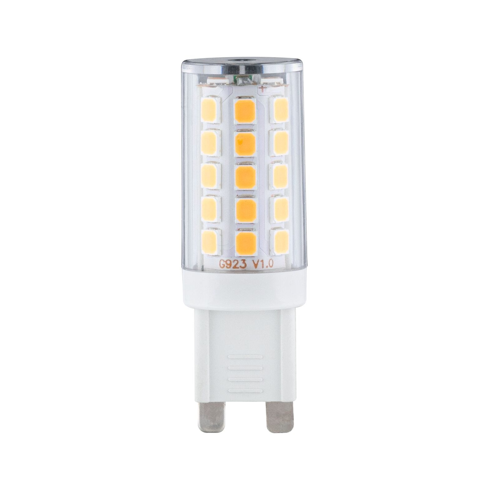 Eine G923 V1.0 LED-Glühbirne. Sie hat einen weißen Sockel mit zwei Stiften und einen transparenten Deckel mit gelben LEDs. Der Hintergrund ist weiß.