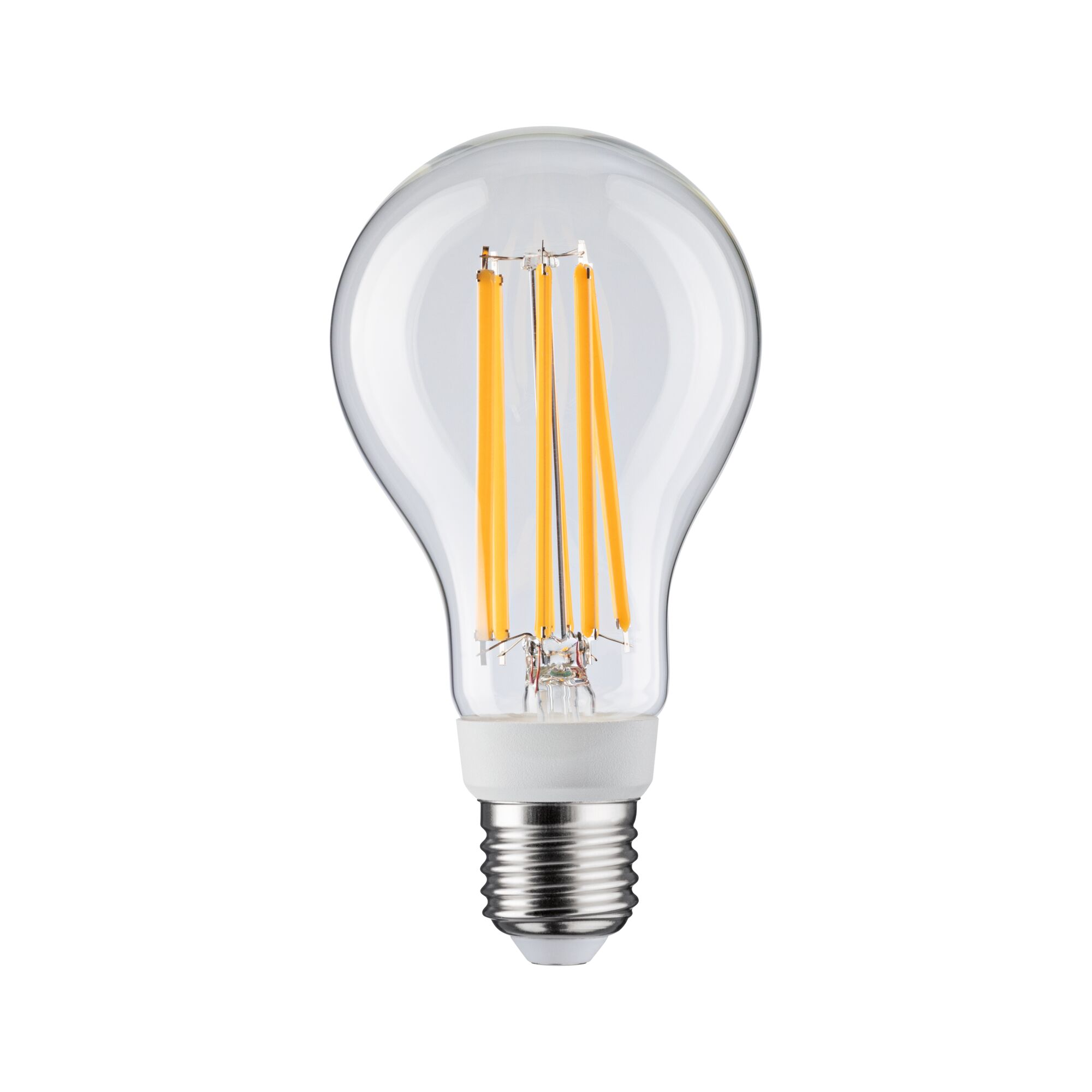 Eine klare LED-Glühbirne mit gelben Filamenten, weißem Sockel und silberfarbenem Schraubsockel, isoliert auf weißem Hintergrund.