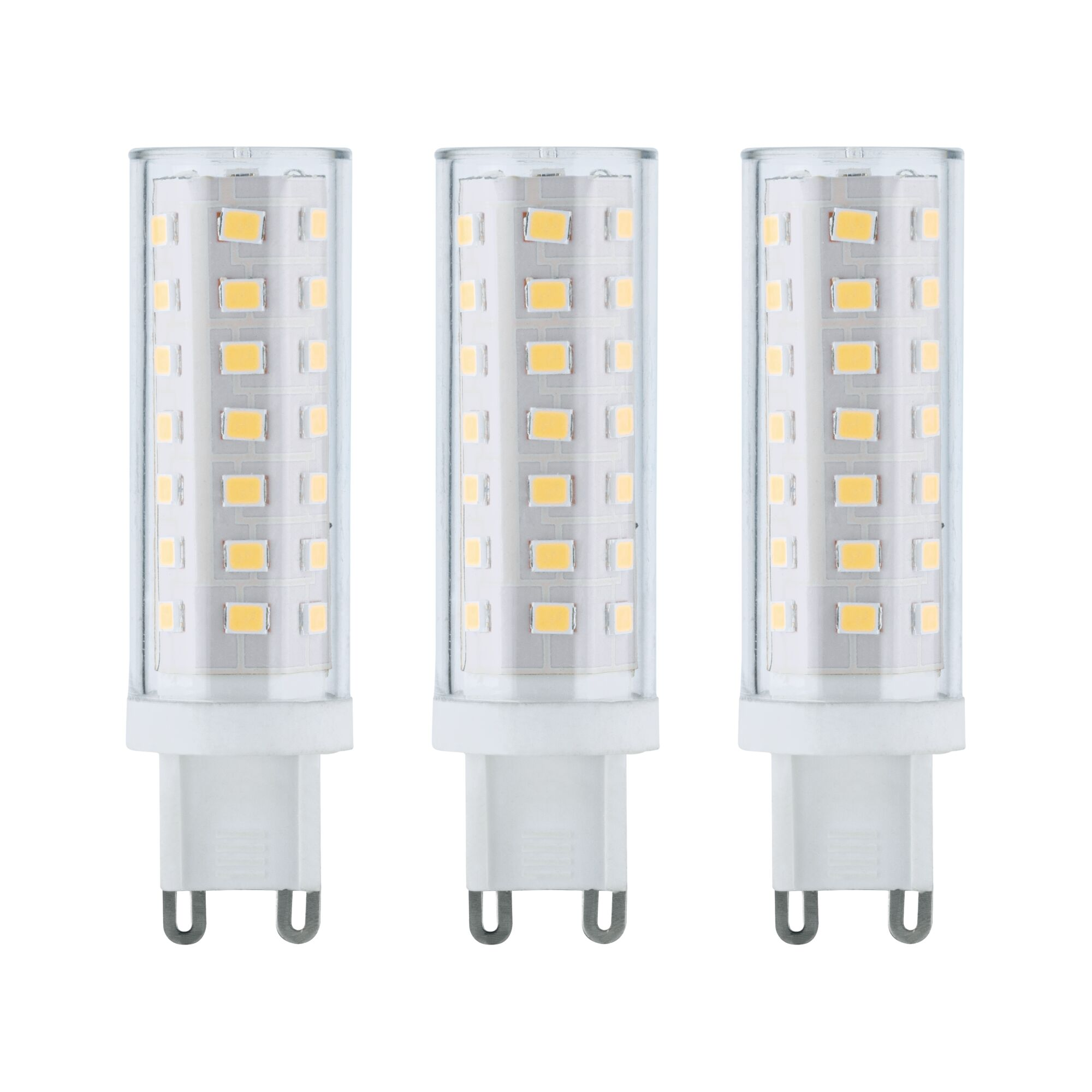 Drei LED-Glühbirnen. Jede hat einen weißen Sockel, eine klare rechteckige Oberseite und rechteckige gelbe Lichter im Inneren.