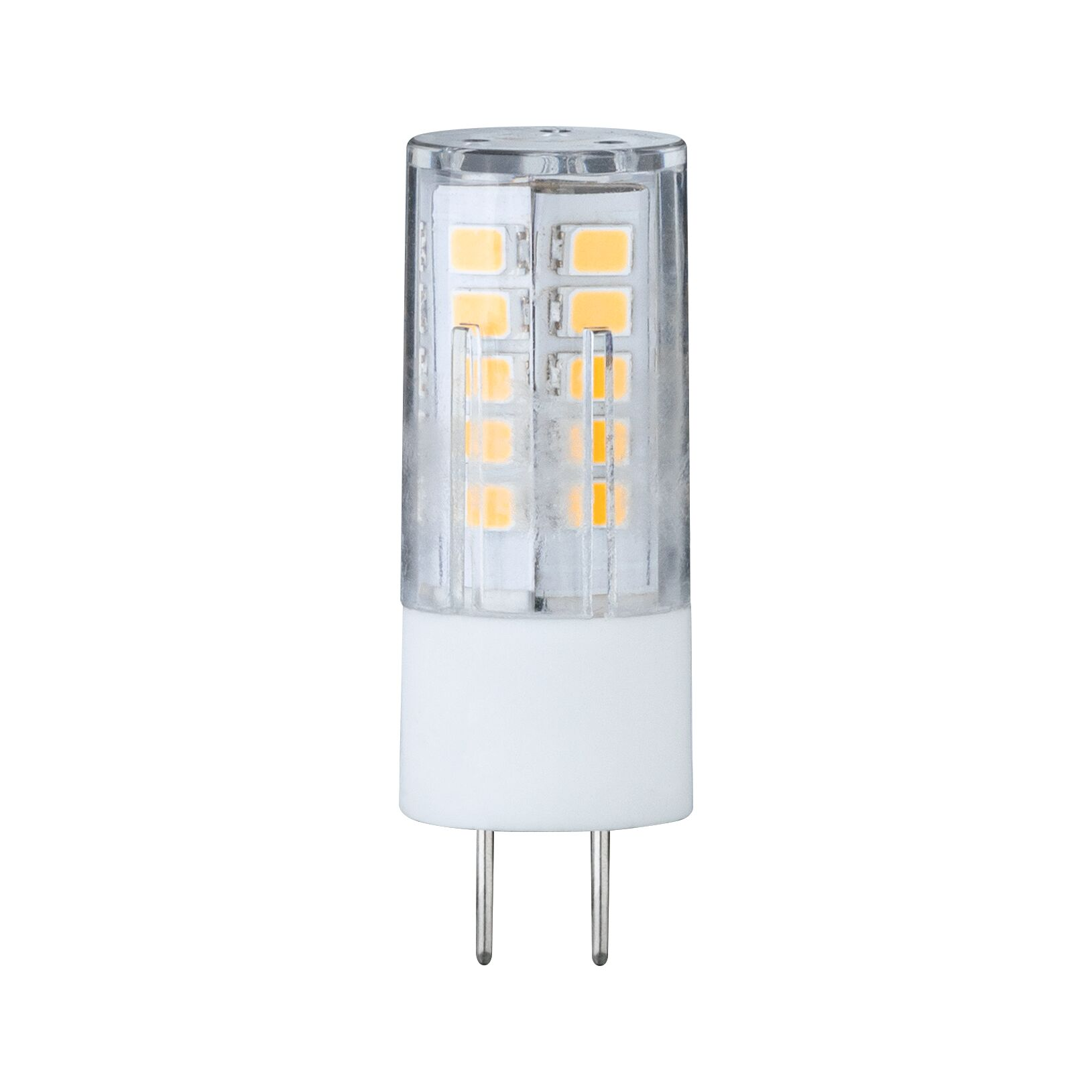 Eine kleine LED-Glühbirne mit klarer Kunststoffabdeckung. Sie hat einen weißen Sockel und zwei Metallstifte. Das Licht ist gelb.