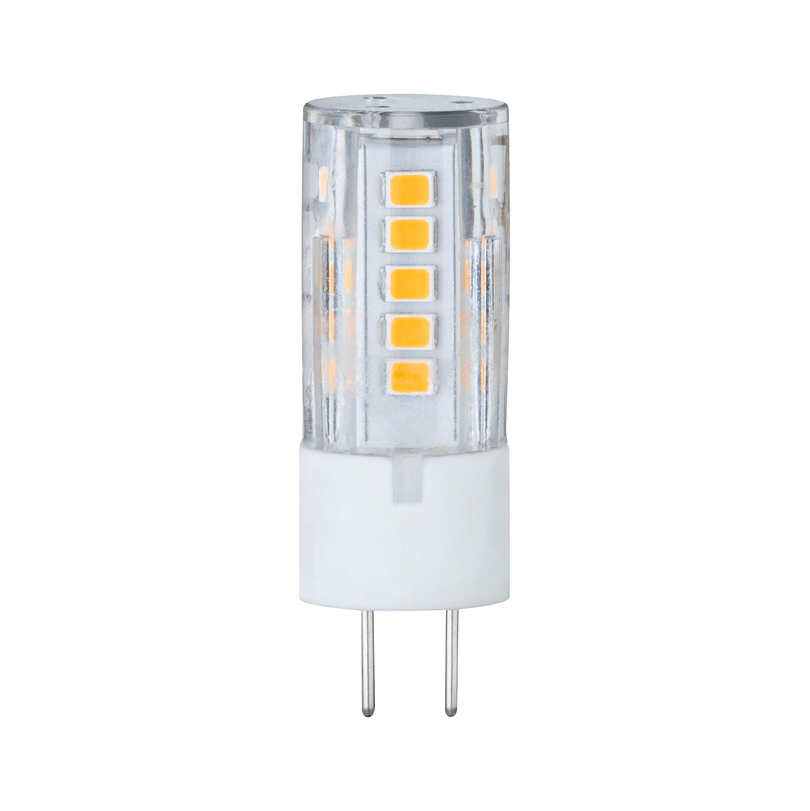 Nahaufnahme einer G4-LED-Glühbirne. Sie hat eine transparente Kunststoffabdeckung, einen weißen Sockel und zwei Metallstifte. Die Birne hat gelbe LEDs.