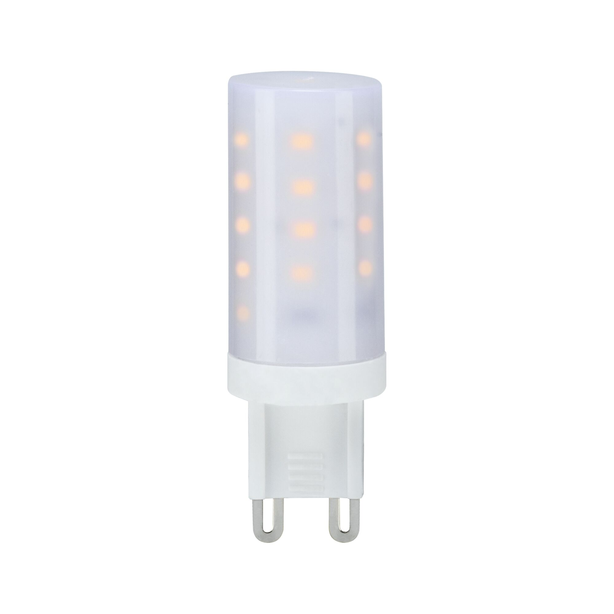 Eine G9-LED-Glühbirne. Sie ist weiß, mit einem mattierten Oberteil und zwei Metallstiften an der Basis. Das Licht ist an.