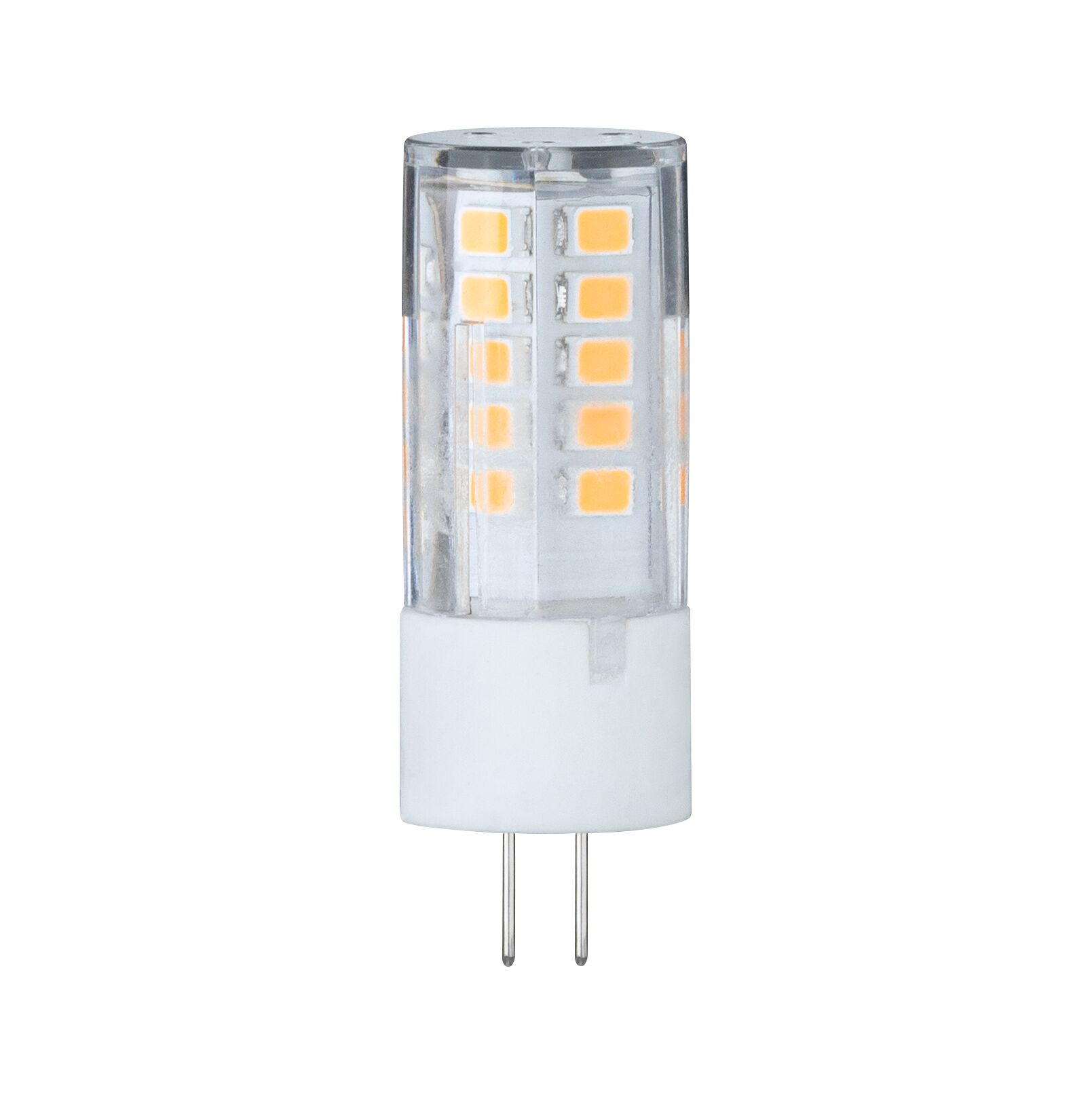 Eine kleine LED-Glühbirne mit einem transparenten Kunststoffgehäuse. Sie hat rechteckige, bernsteinfarbene Leuchtdioden.