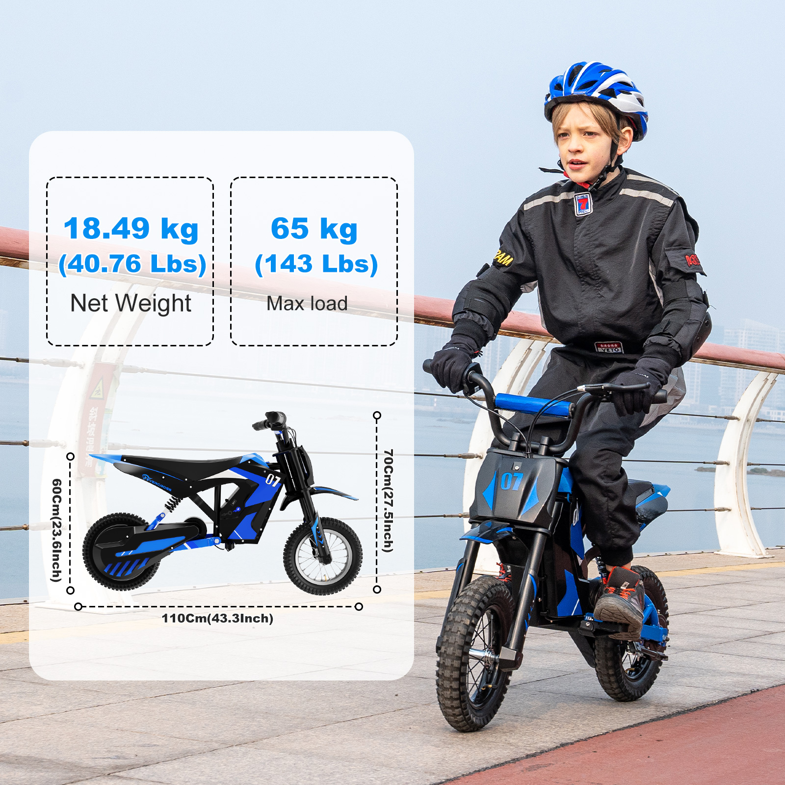 A boy rides a blue and black electric dirt bike. Information about weight and dimensions are displayed in the background.