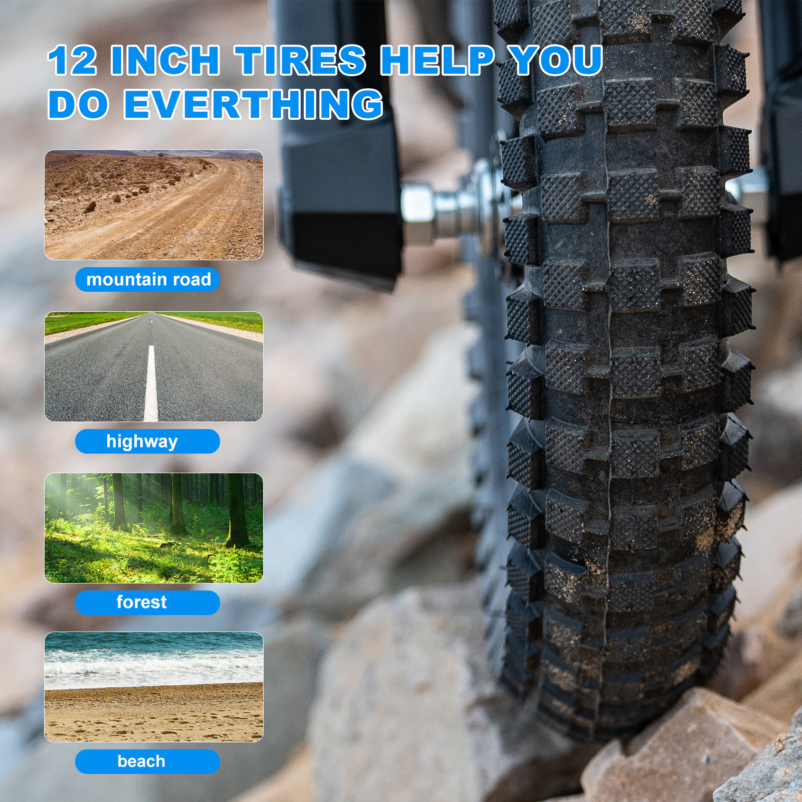 Close-up of a black tire with a textured surface.  Images of a mountain road, highway, forest, and beach are also shown.