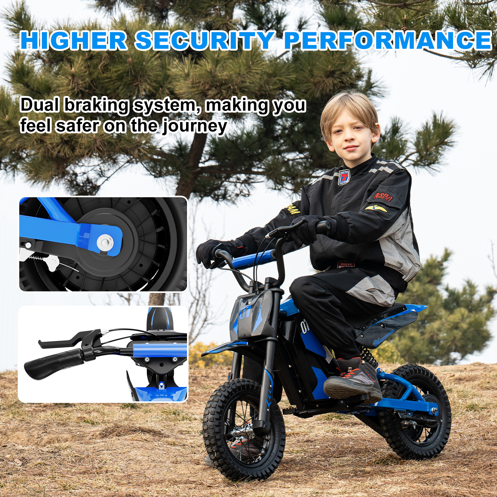 A young boy rides a blue and black electric motorcycle on a grassy hill. Details of the brakes are shown.