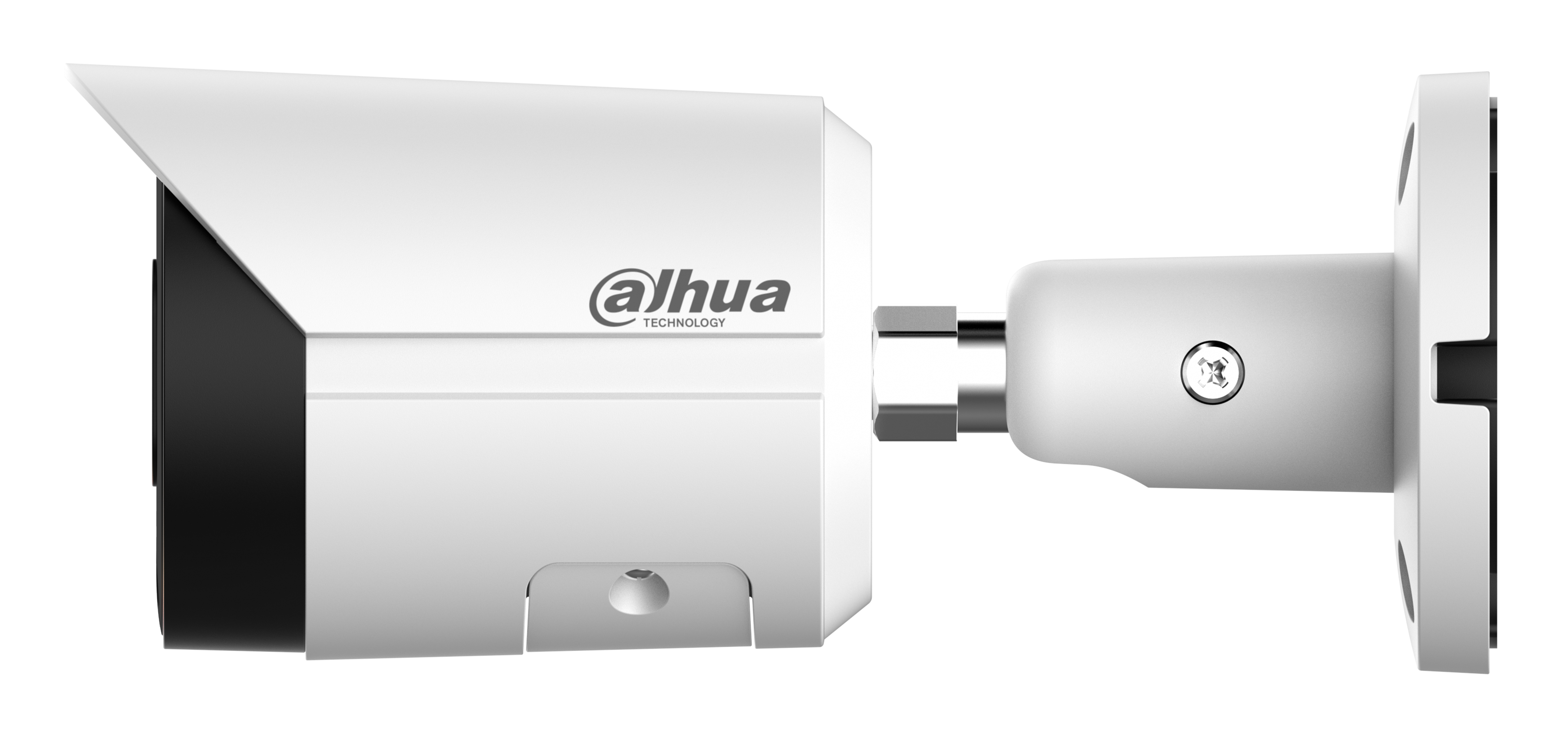 Biała kamera bezpieczeństwa Dahua z czarnym obiektywem. Zamontowana na białym wsporniku na białym tle.