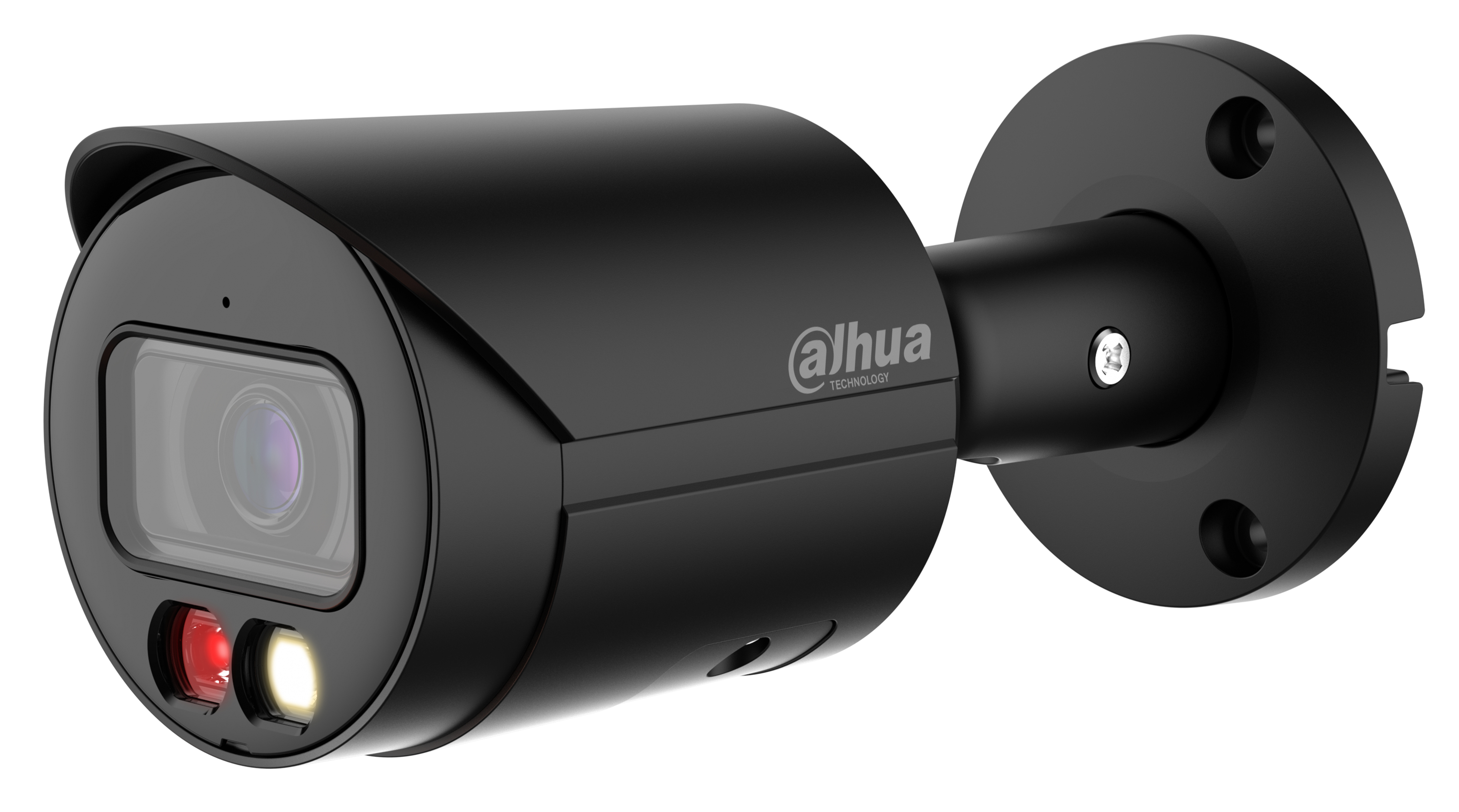 Czarna kamera bezpieczeństwa z logo 'dahua technology'. Posiada obiektyw, czerwone i żółte światła oraz podstawę montażową.