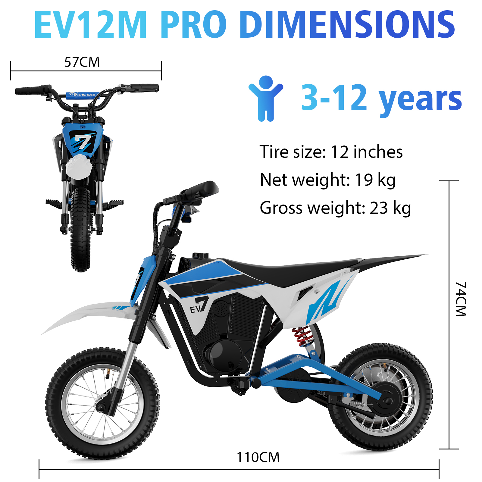 Una motocicleta eléctrica EV12M Pro. Es azul, blanco y negro. Dimensiones: 110 cm de largo, 74 cm de alto y 57 cm de ancho del manillar.