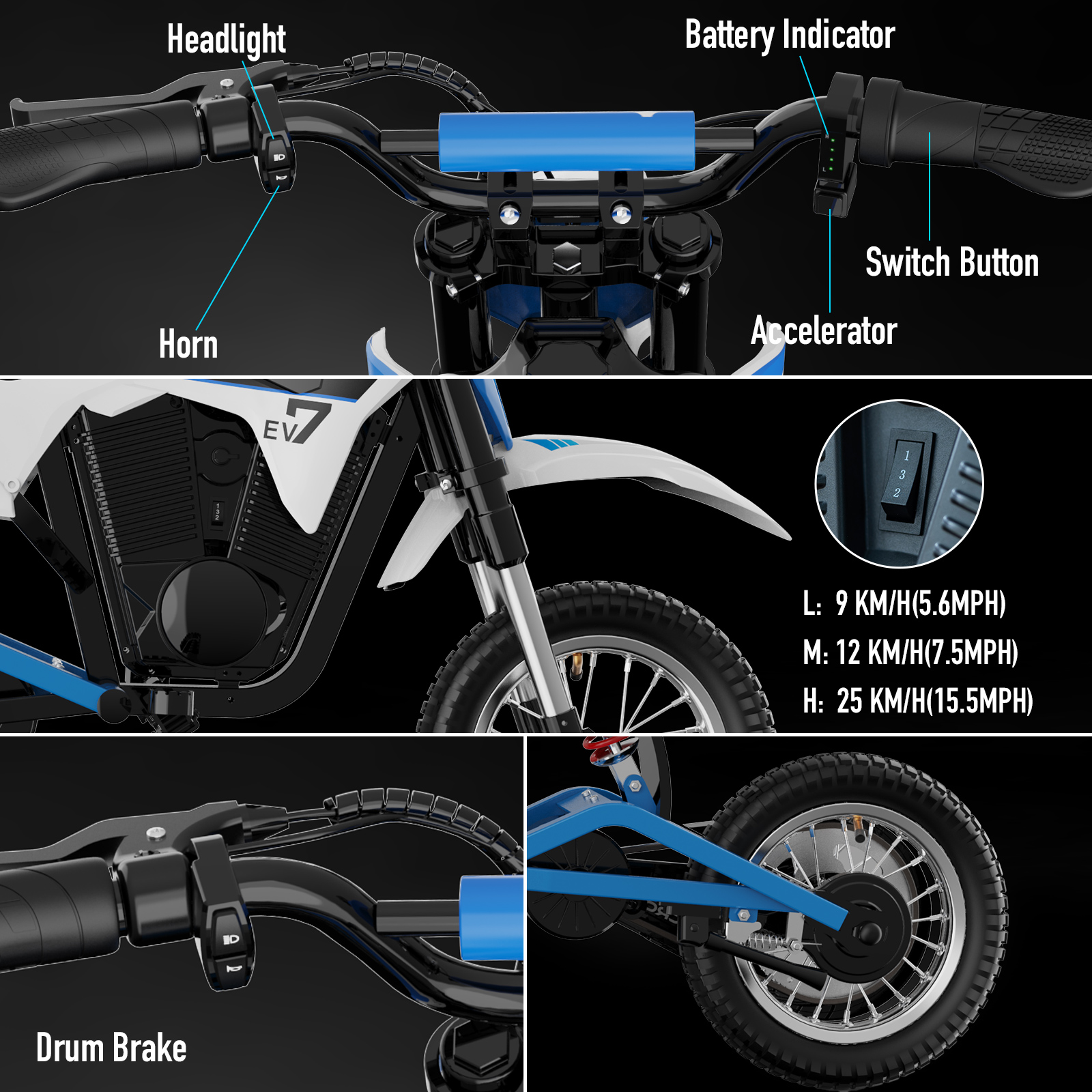 Una moto eléctrica con detalles en azul y blanco. Visible faro, bocina e indicador de batería. Opciones de velocidad: 9, 12 y 25 km/h.