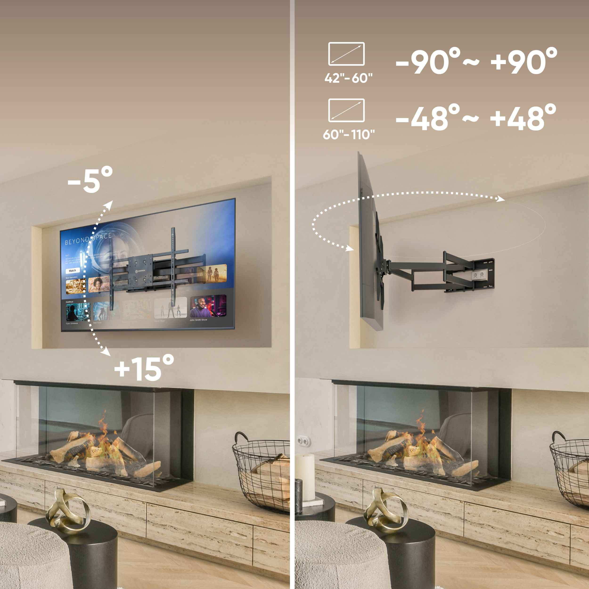 Telewizor zamontowany na ścianie, pod spodem kominek. Telewizor może się przechylać do 90 stopni. Rozmiar ekranu od 42"-110".