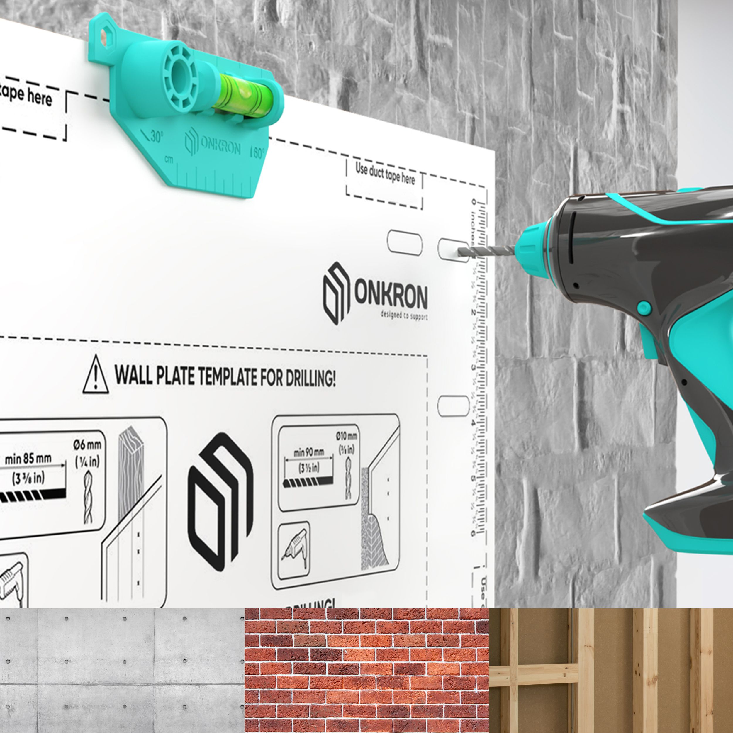 Szablon do wiercenia, poziomica i wiertarka. Tło: beton, cegły i drewniana rama.