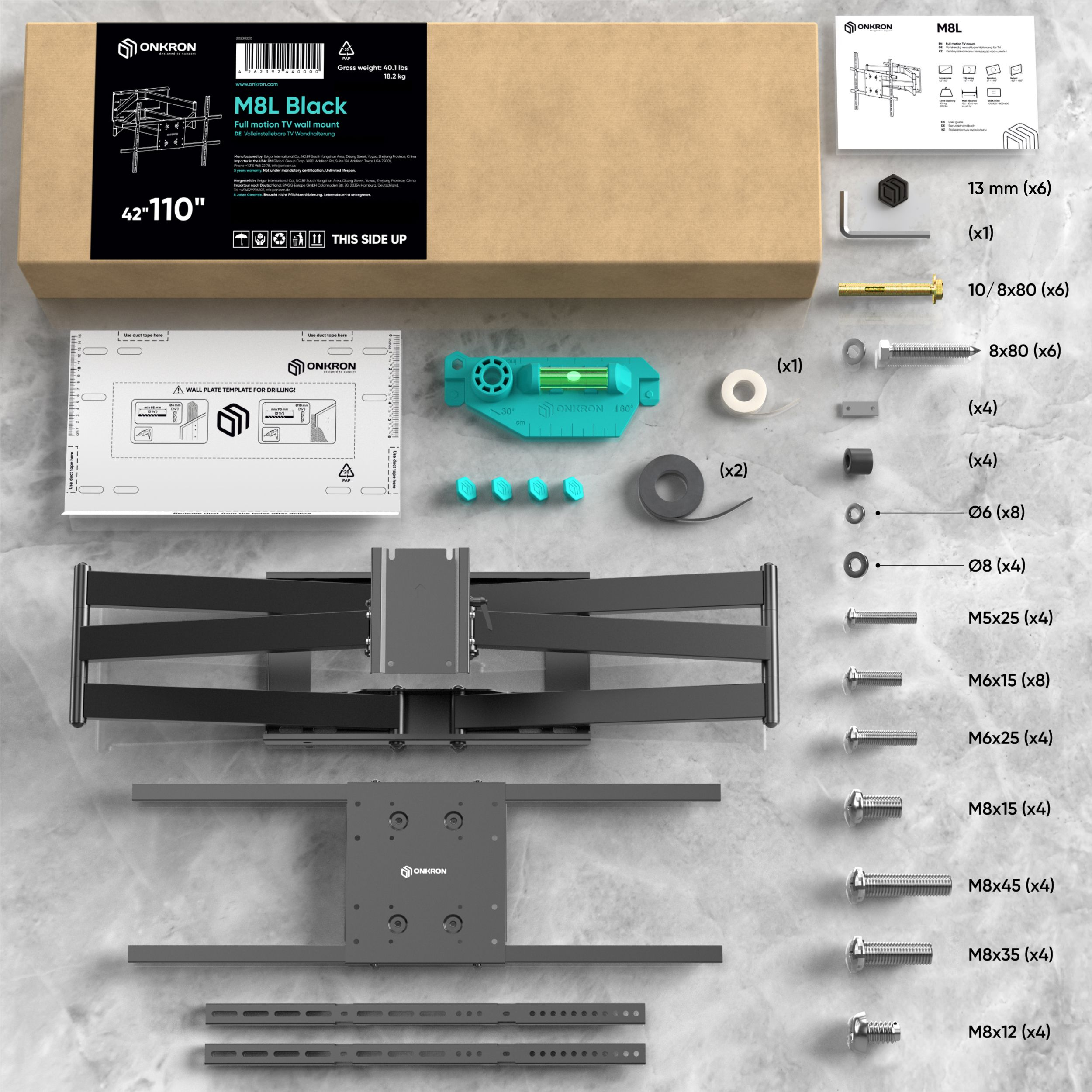 Czarny zestaw uchwytu ściennego do telewizora z różnymi śrubami, poziomicą i instrukcjami.