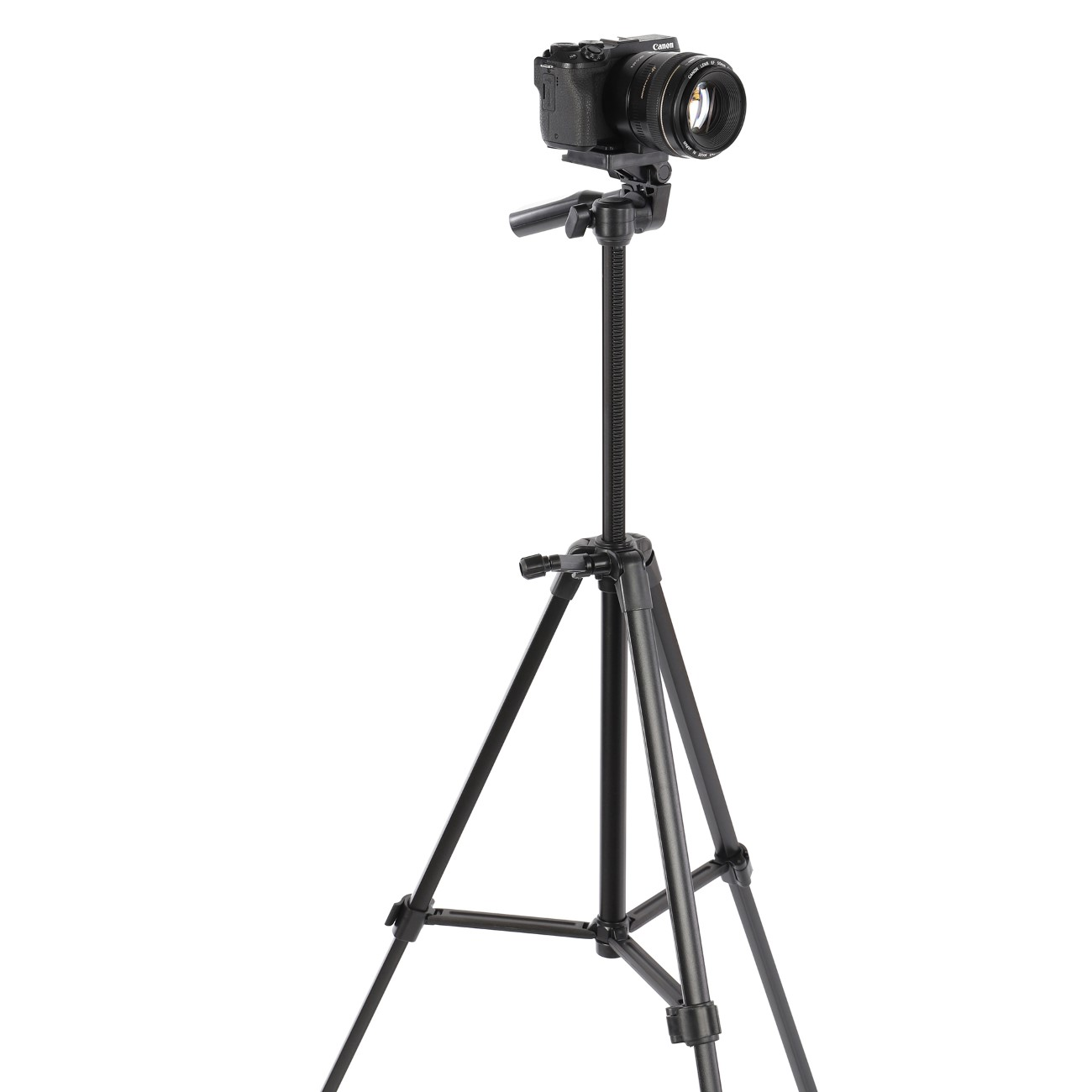 Eine schwarze Canon-Kamera ist auf einem schwarzen Stativ montiert. Die Stativbeine sind auf weißem Hintergrund ausgebreitet.