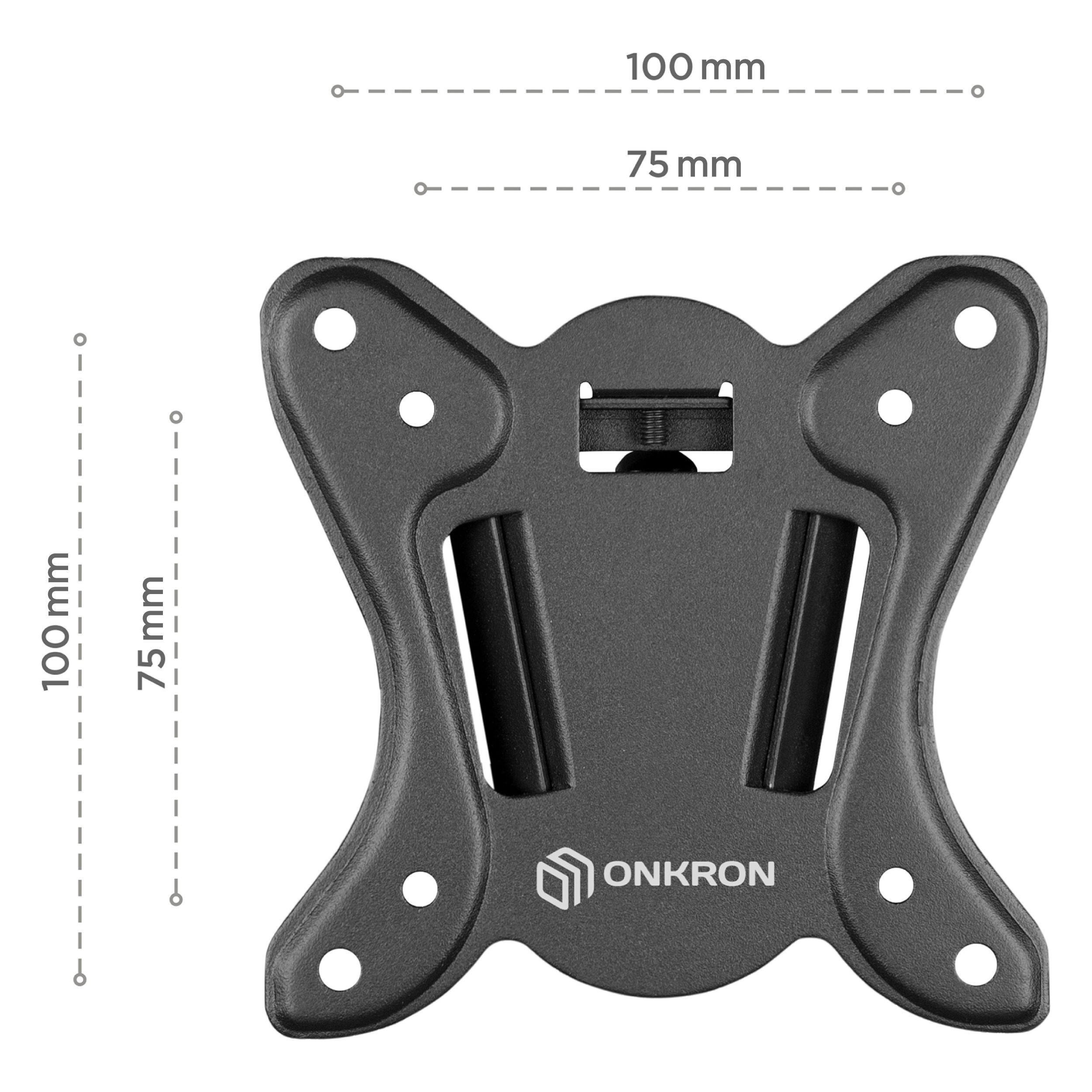 Czarny metalowy uchwyt do telewizora z zaznaczonymi wymiarami. Posiada logo ONKRON i wiele otworów na śruby.