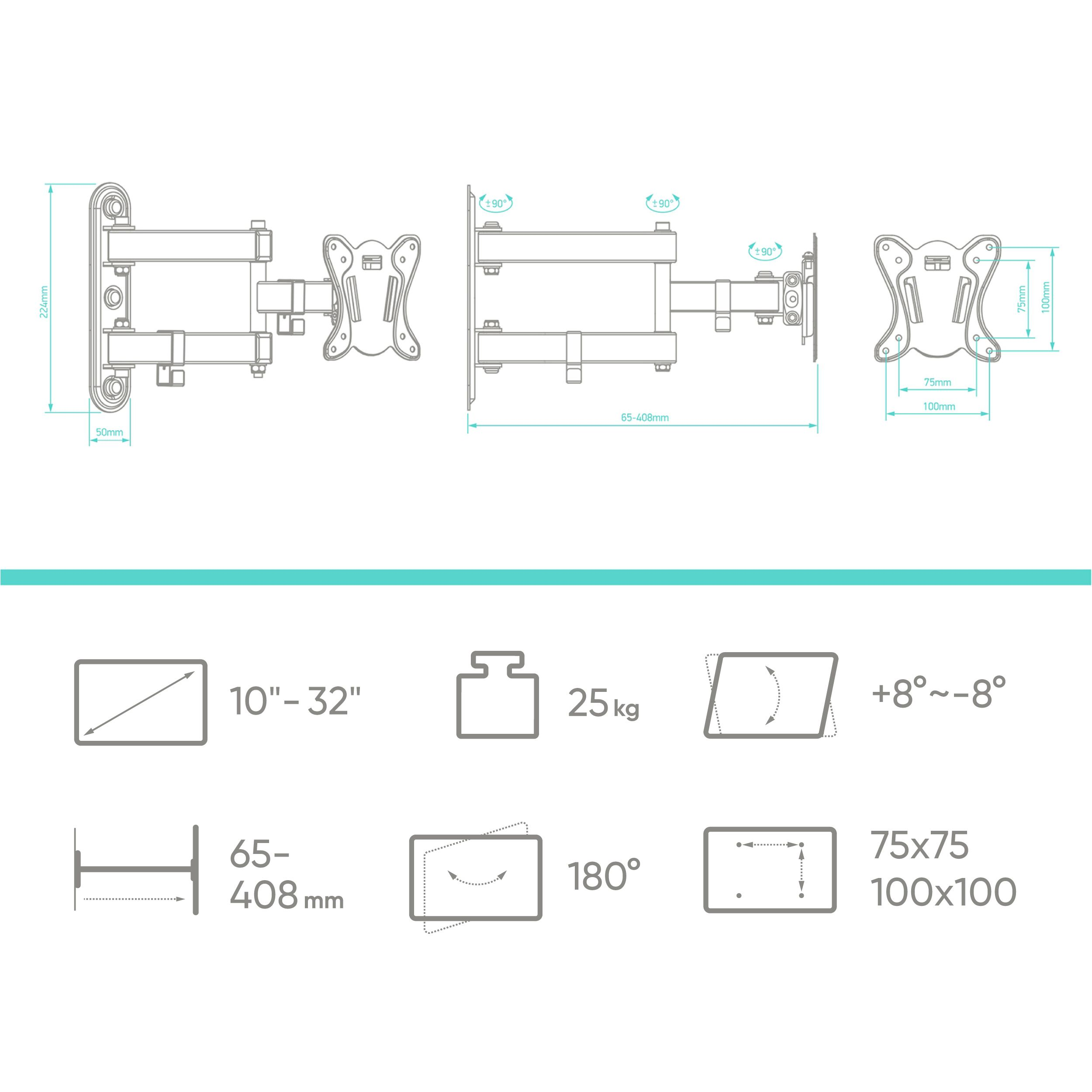 Rysunek techniczny uchwytu TV, z wymiarami, kątami i specyfikacjami wagowymi.