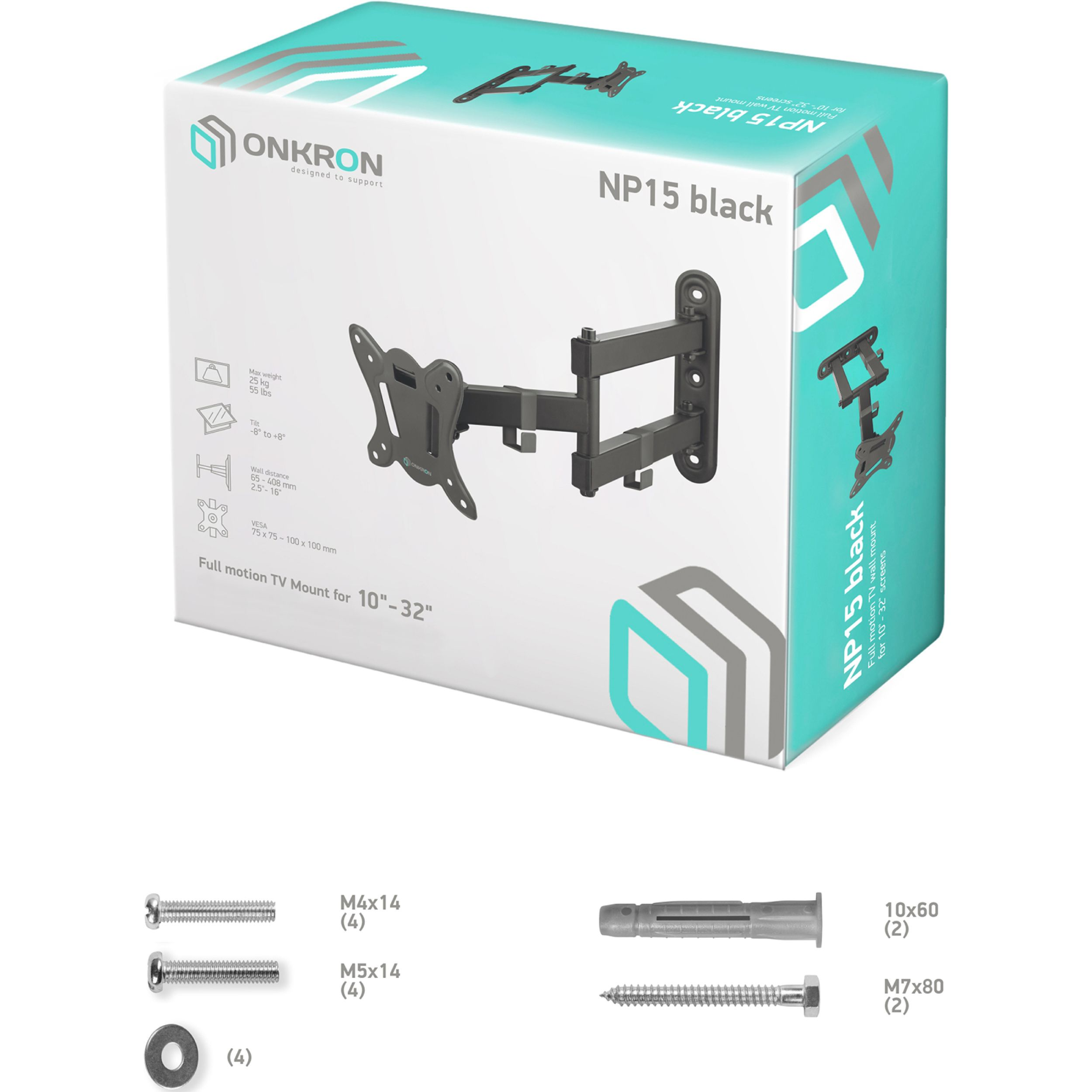 Pudełko z uchwytem do telewizora. Tekst na pudełku: NP15 black, uchwyt TV pełno ruchowy do ekranów 10"-32". Sprzęt poniżej.