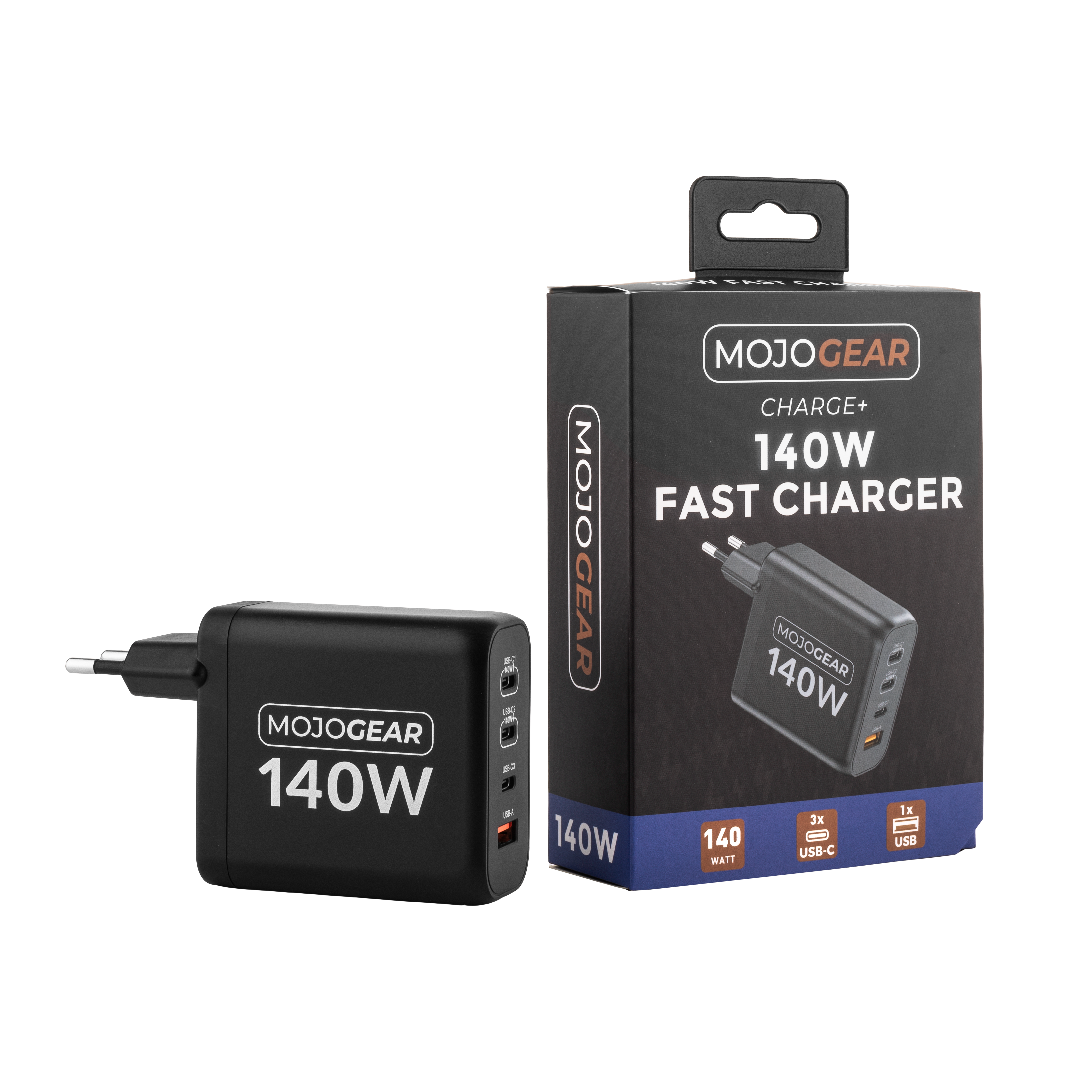 Zwarte MojoGear 140W snellader met doos. Lader heeft USB-poorten, doos toont afbeelding en specificaties.