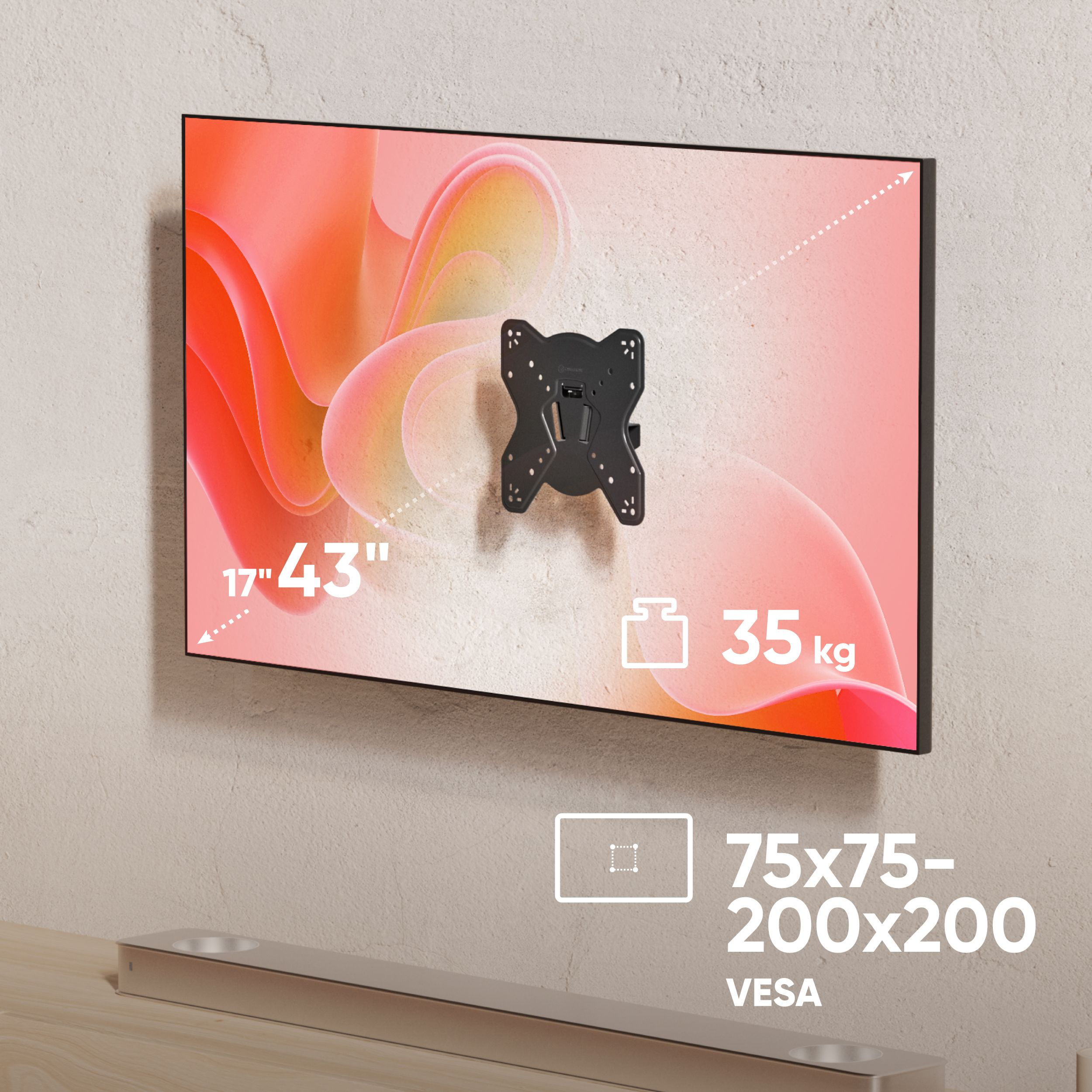 Telewizor zamontowany na ścianie z uchwytem, ze specyfikacjami takimi jak rozmiar i waga. Poniżej telewizora znajduje się soundbar.