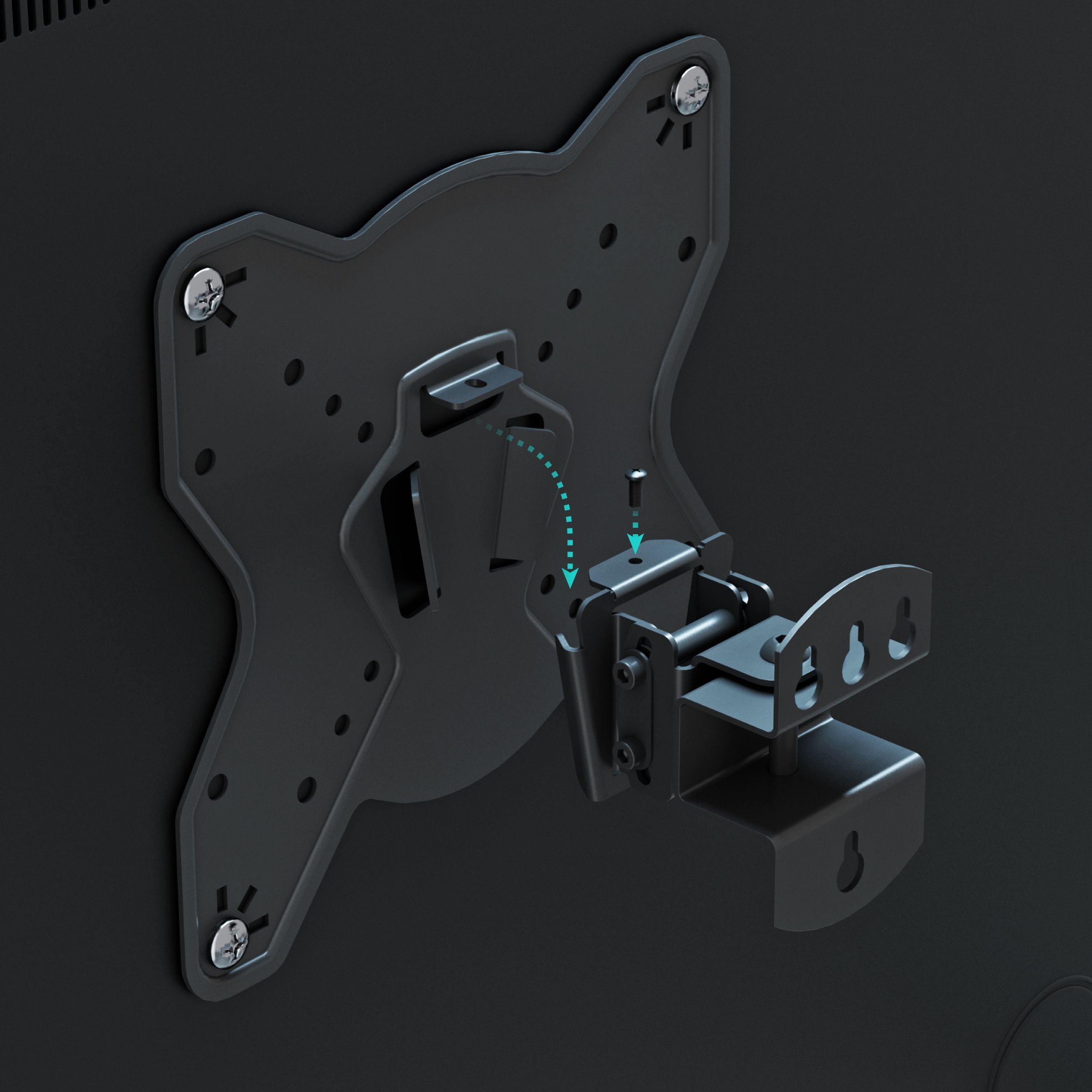 Czarny uchwyt ścienny do telewizora jest montowany. Wspornik jest mocowany za pomocą śrub. Kropkowana strzałka wskazuje proces.