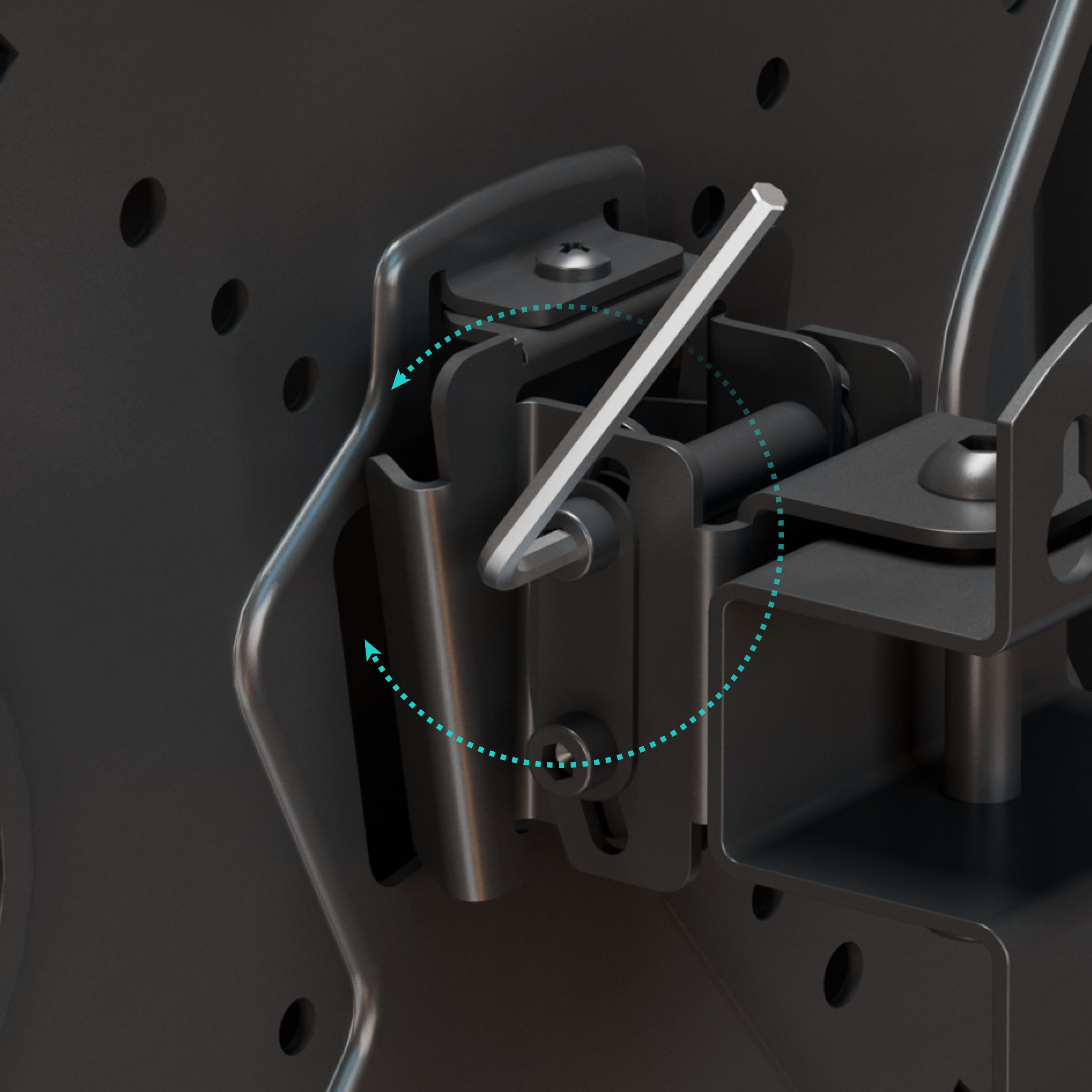 Zbliżenie metalowego mechanizmu z włożonym kluczem imbusowym. Strzałki wskazują kierunek ruchu. Ciemne tło.