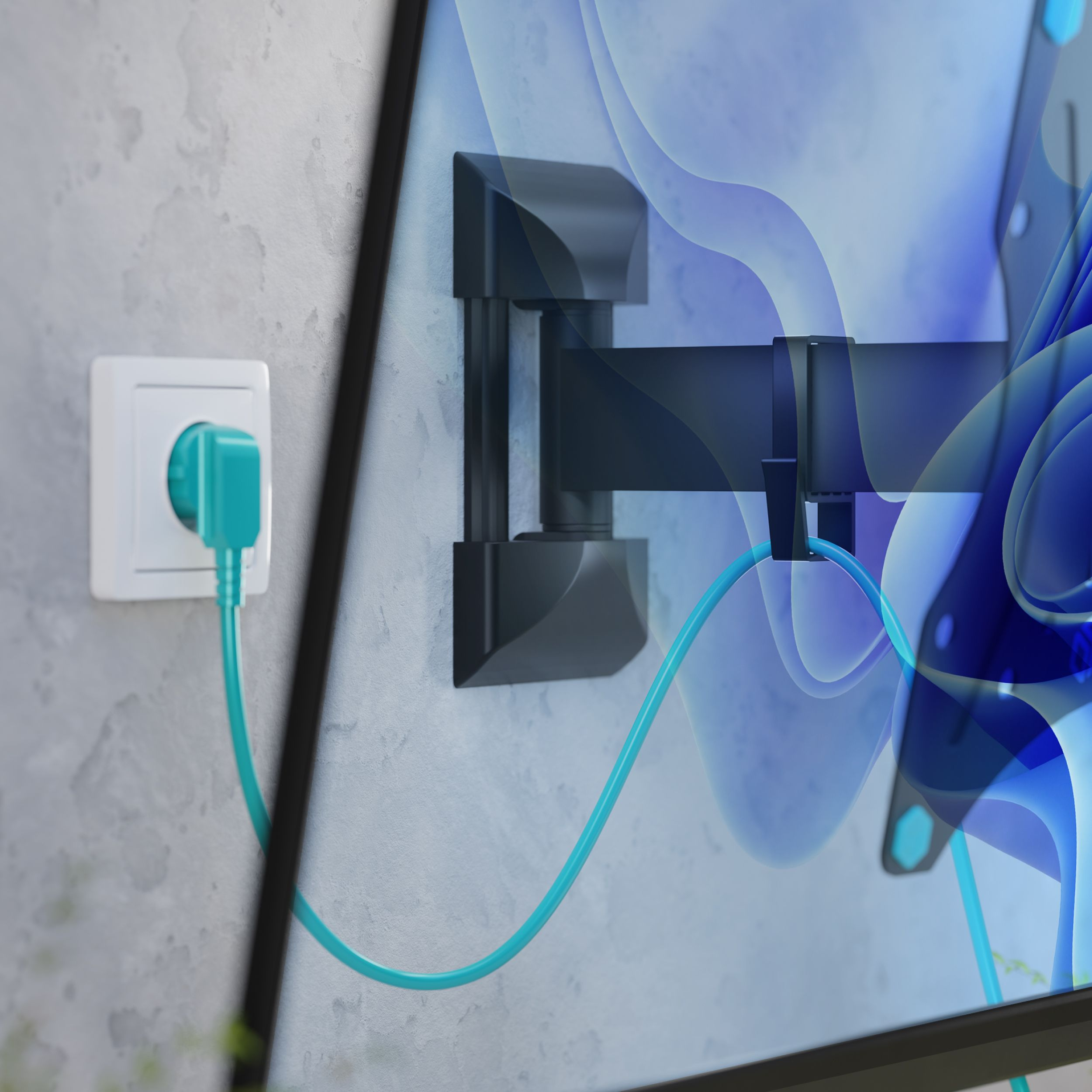 Telewizor na ścianie z niebieskim kablem podłączonym do gniazdka. Ściana jest betonowa, a telewizor czarny.