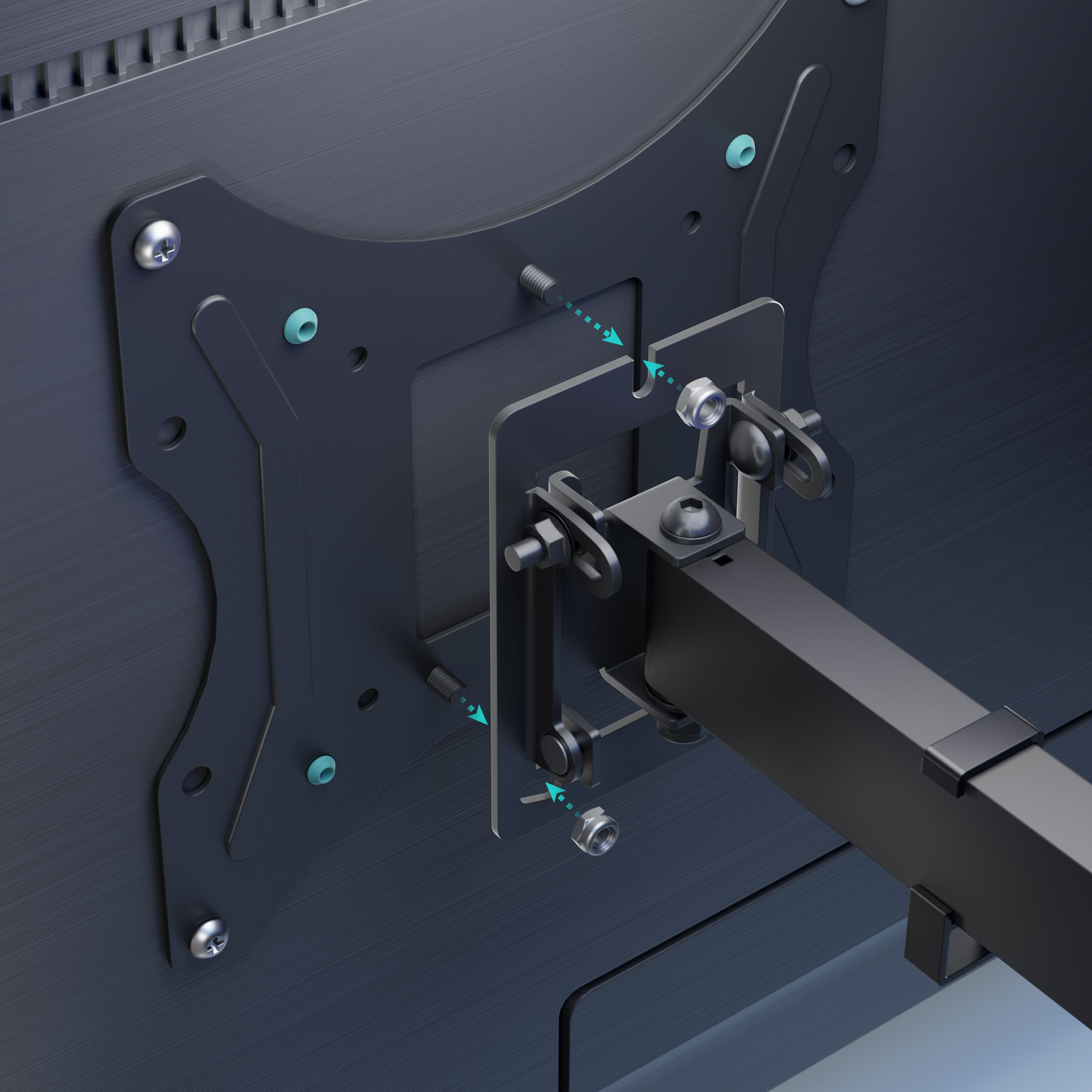 Czarny i metalowy uchwyt do telewizora jest przymocowany do ciemnoszarej powierzchni za pomocą śrub.