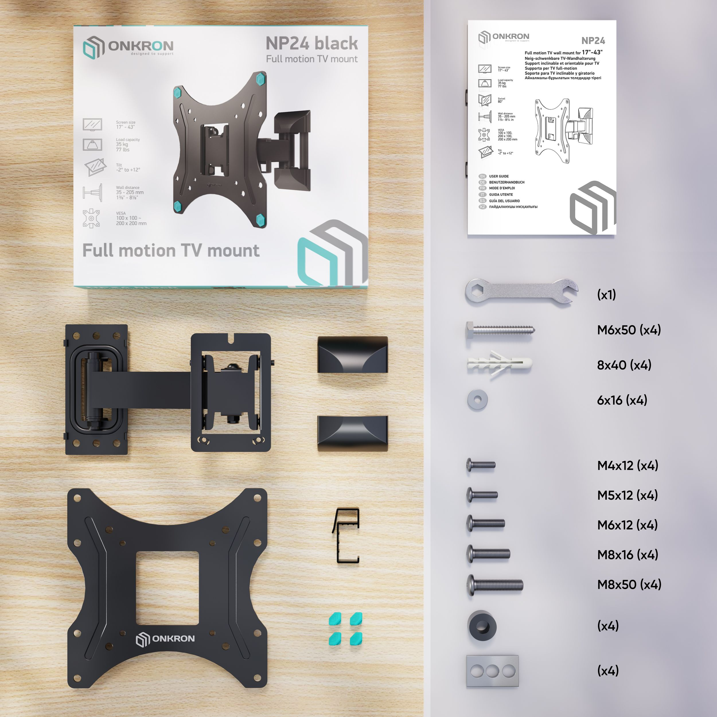 Widok z góry na zestaw do montażu telewizora z jego komponentami i pudełkiem produktu, wszystko na drewnie.