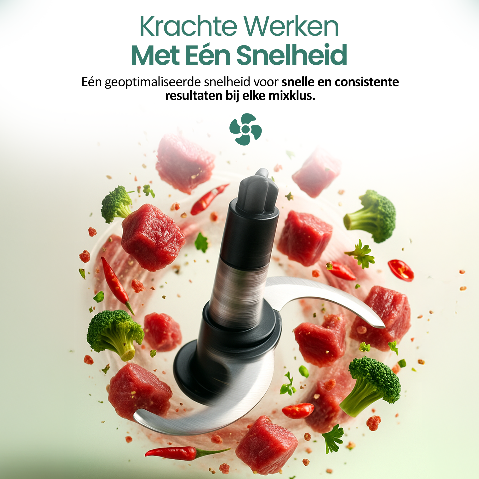 A food processor with meat, broccoli, and chili peppers. The text says: 'Power Works with One Speed'.