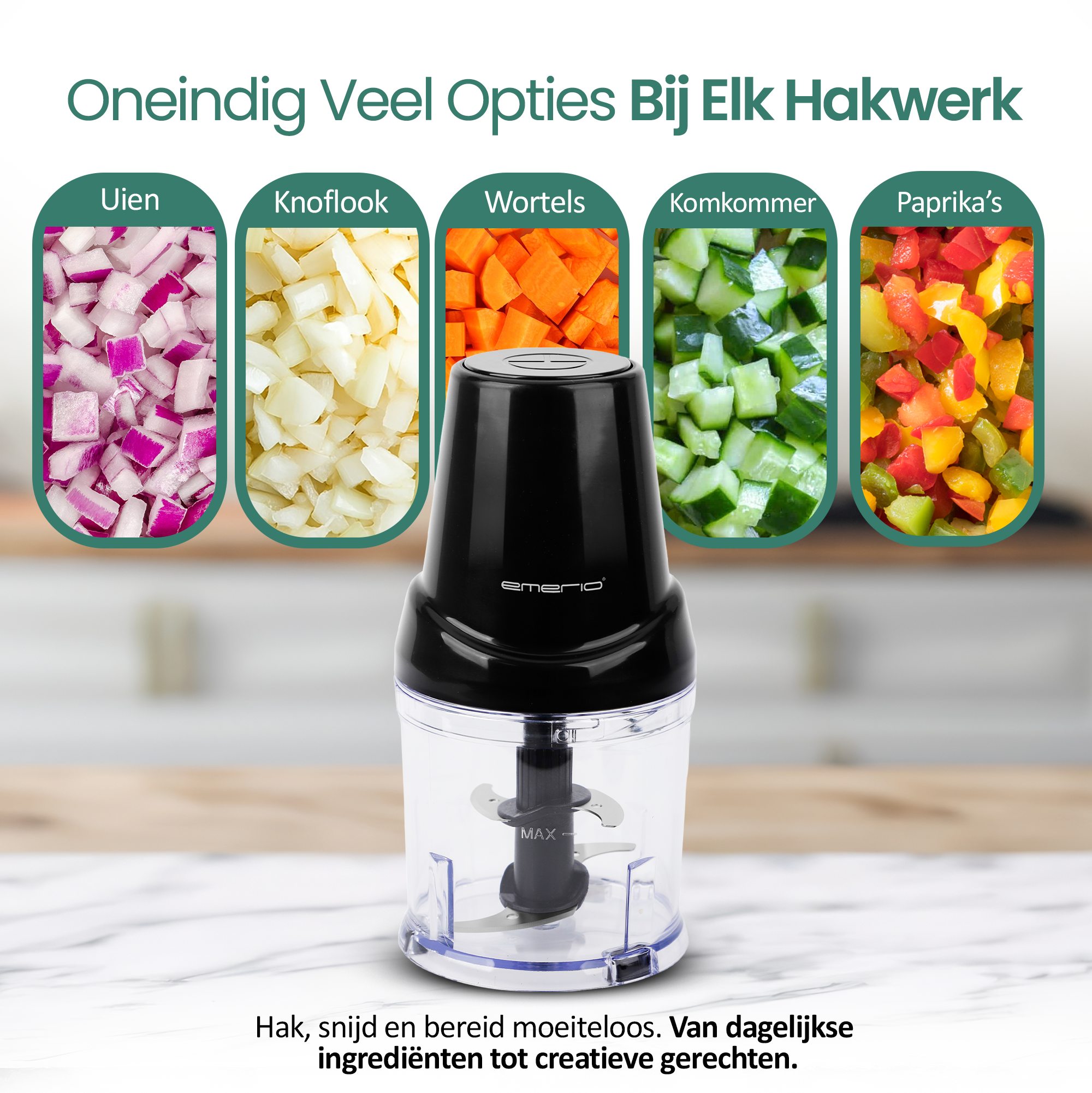 An electric food chopper with chopped onions, garlic, carrots, cucumber, and bell peppers displayed. Text says: chop, slice, and prepare effortlessly.